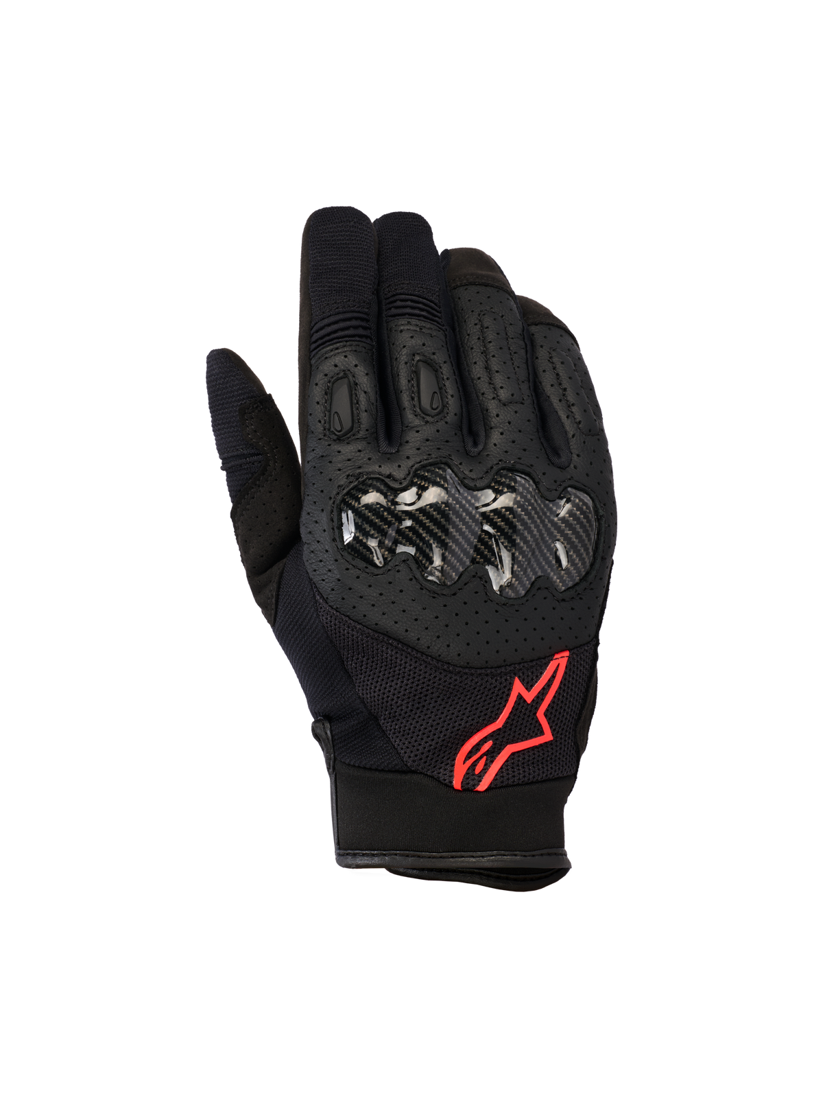 Alpinestars Megawatt V2 Gloves, guanti da motocross, nero e rosso fluo, con protezione nocche rigida effetto carbonio, pelle traforata per la ventilazione e logo a stella rosso, equipaggiamento resistente per il fuoristrada