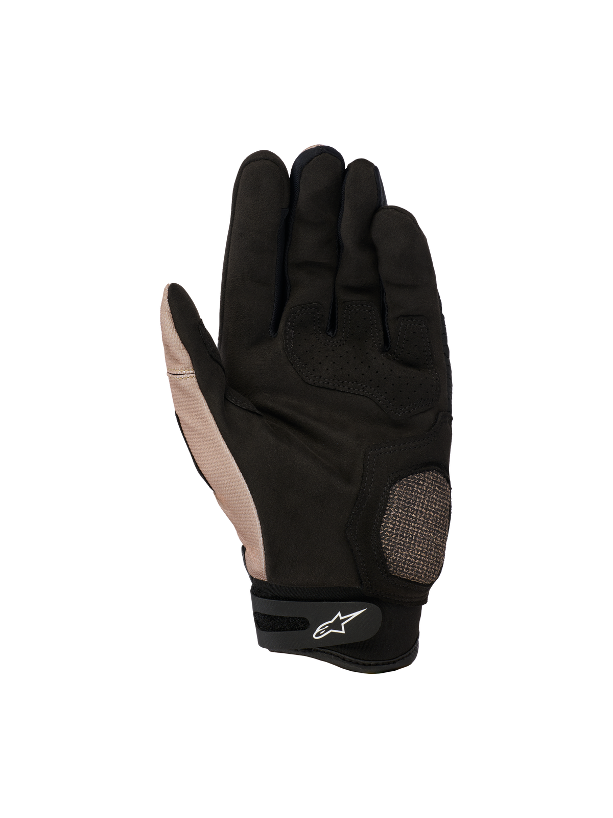 Guanti Alpinestars Megawatt V2, guanti da motocross fuoristrada, Stone Black, vista del palmo con area del pollice e del palmo rinforzata, grip testurizzato e regolazione del polso in Velcro con logo Alpinestars bianco.