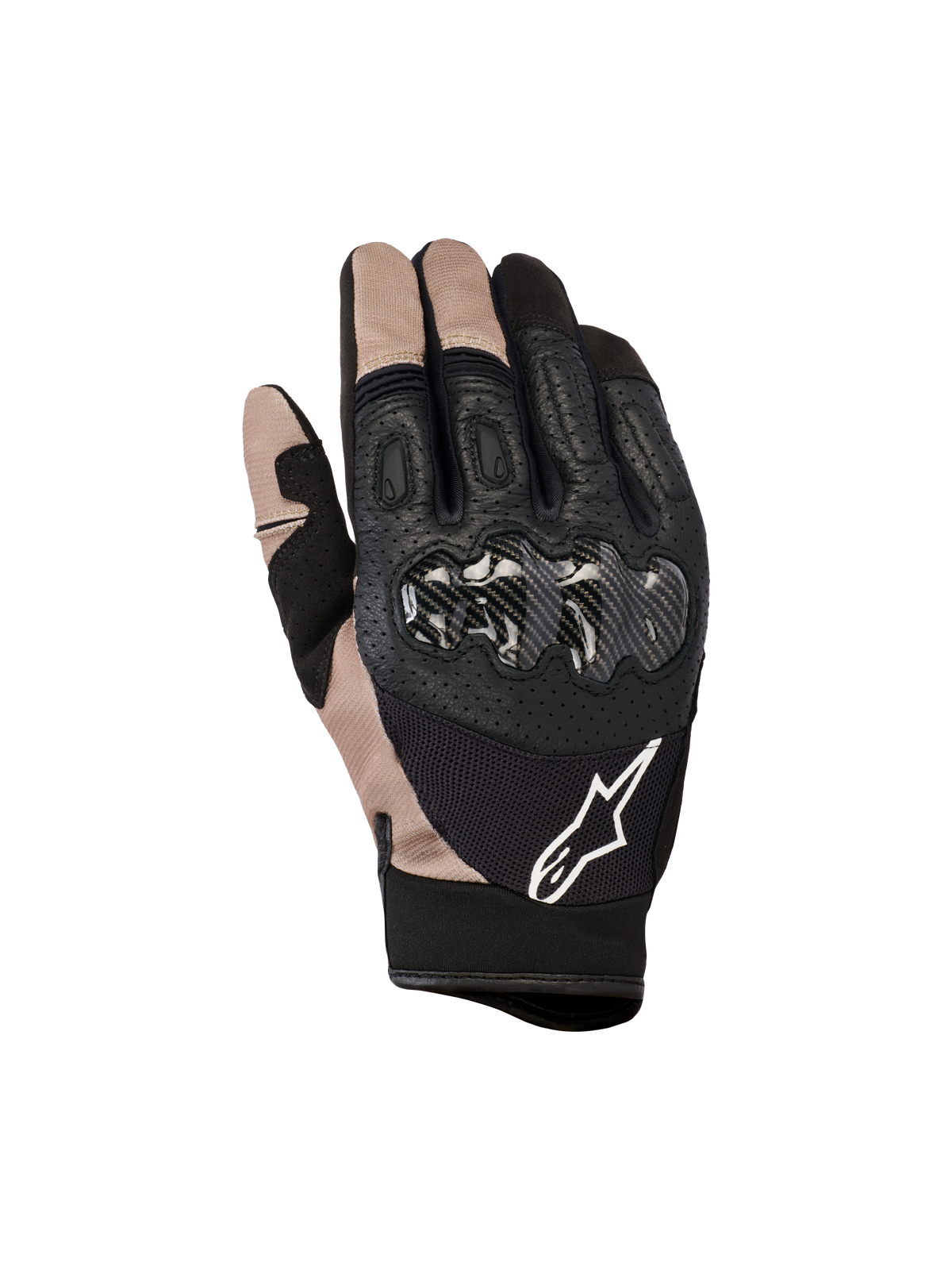Guanti Alpinestars Megawatt V2, guanti da motocross ed enduro, nero e beige, protezione delle nocche in fibra di carbonio, struttura in pelle traforata e mesh, logo Alpinestars bianco