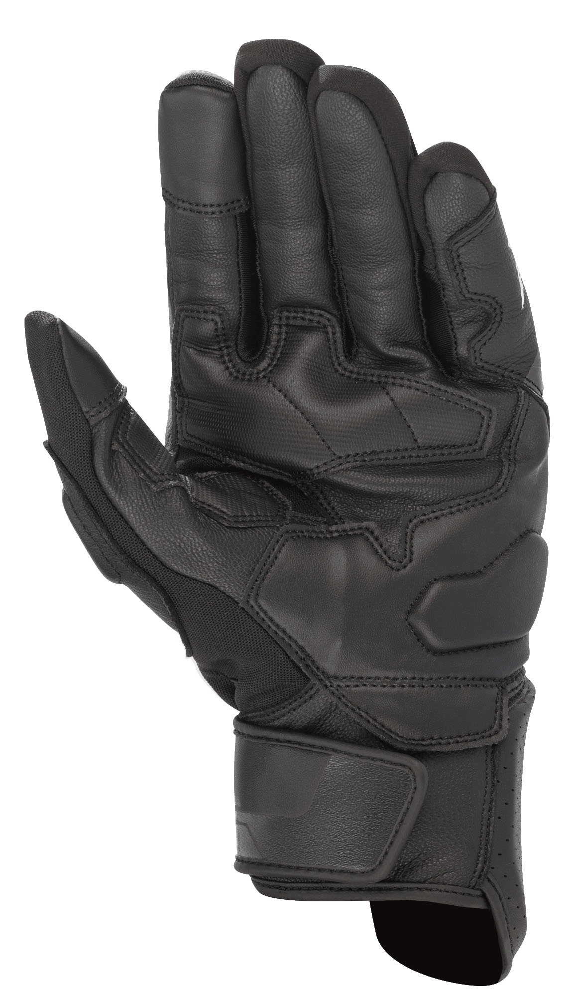 Guanti Alpinestars Booster V2, nero, vista del palmo del guanto da moto che mostra la resistente struttura in pelle, pannelli di rinforzo per la presa su palmo e pollice e cinturino regolabile sul polso.