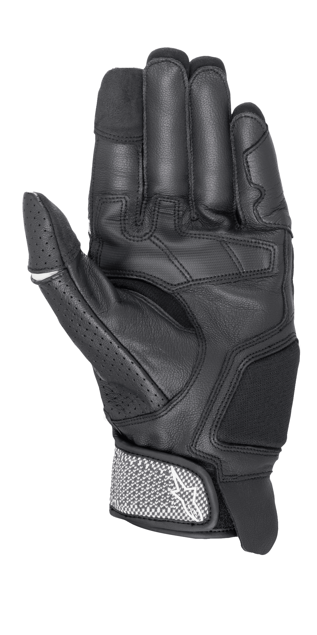 Guanti Alpinestars Morph Sport, guanti da moto, nero e bianco, vista del palmo che mostra i pannelli rinforzati, pollice traforato e cinturino del polso testurizzato con logo Alpinestars