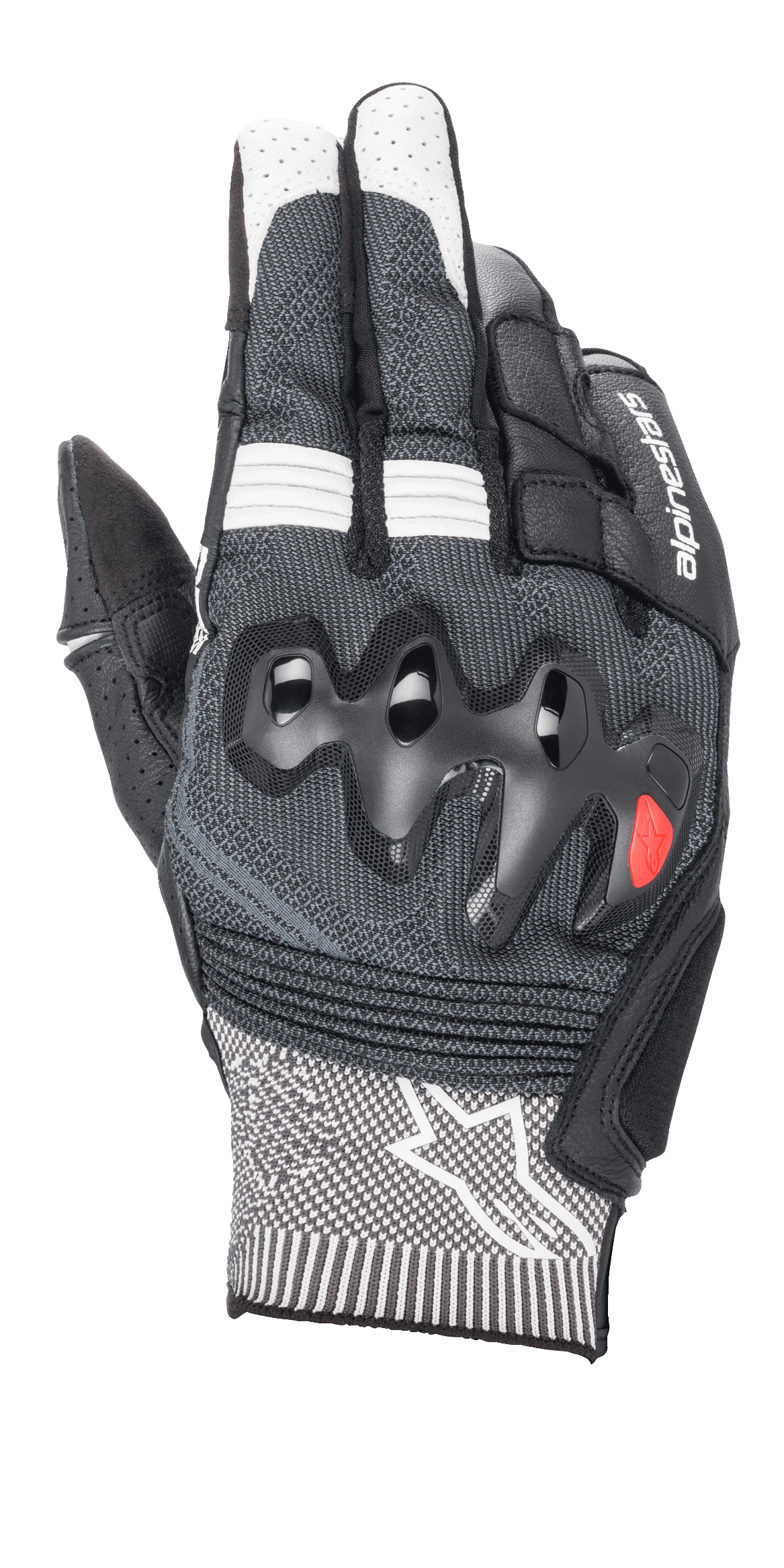 Guanti Alpinestars Morph Sport, guanti da moto, nero e bianco, con dorso in MorphTech Weave grigio, protezione nocche sovrainiettata, inserti RIDEKNIT e logo a stella bianco sul polsino