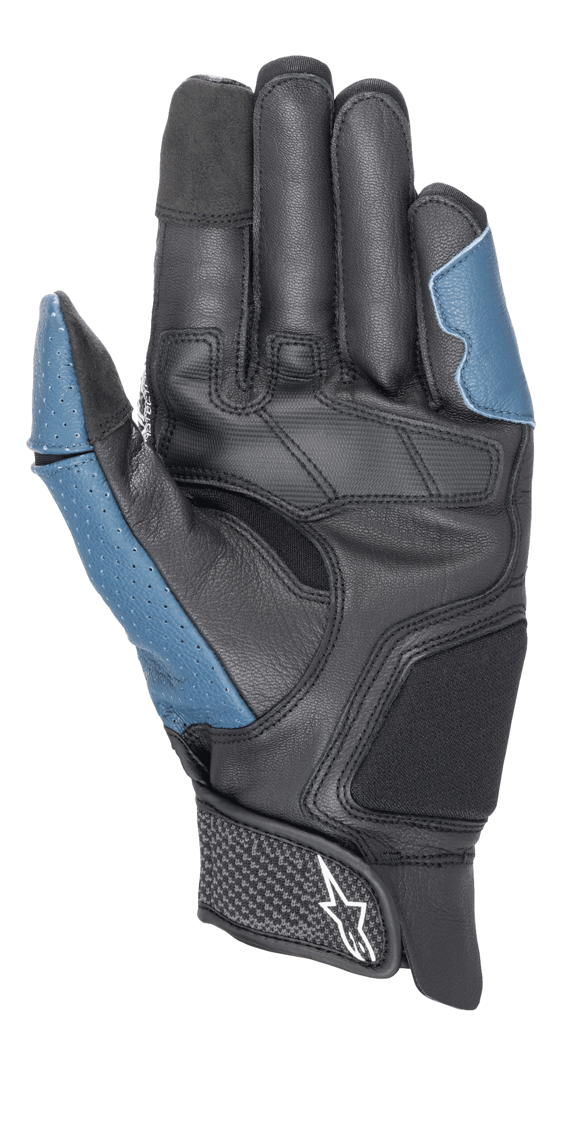 Guanti Alpinestars Morph Sport, vista dal lato del palmo, Nero e Blu Sodalite, con palmo in pelle rinforzata, inserti blu traforati sul pollice e sul lato esterno, polsino corto con cinturino a strappo e logo Alpinestars, abbigliamento tecnico per guida sportiva e stradale