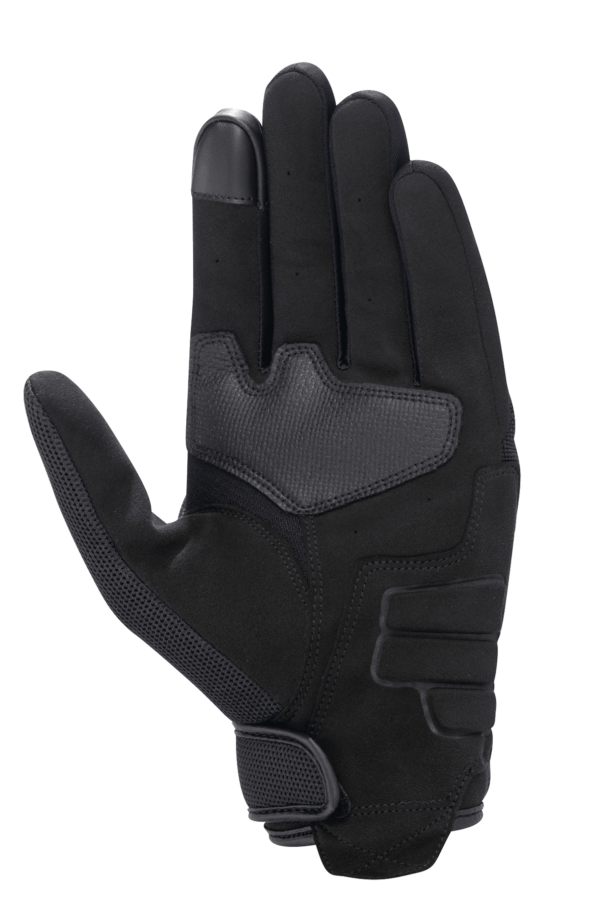 Guanto Alpinestars Honda Copper, Nero, vista del palmo di un guanto da moto urbano in camoscio sintetico, con area del palmo rinforzata, punta del dito compatibile con touchscreen e chiusura del polso a strappo.