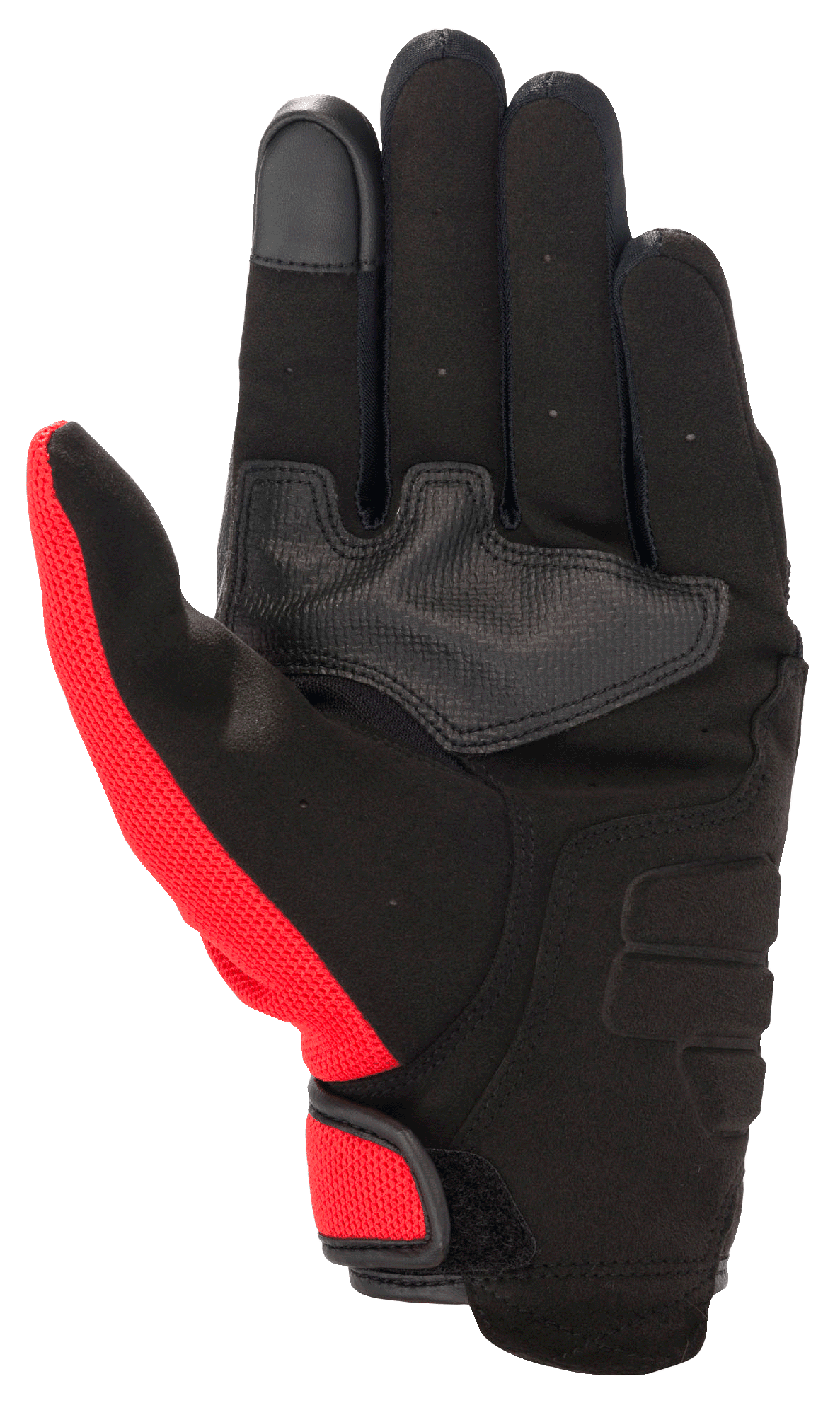 Guanto Alpinestars Honda Copper, guanto da moto urbano, nero con accenti rosso brillante, vista del palmo in camoscio sintetico, rinforzo sul palmo, polpastrello compatibile con touchscreen e chiusura a strappo.