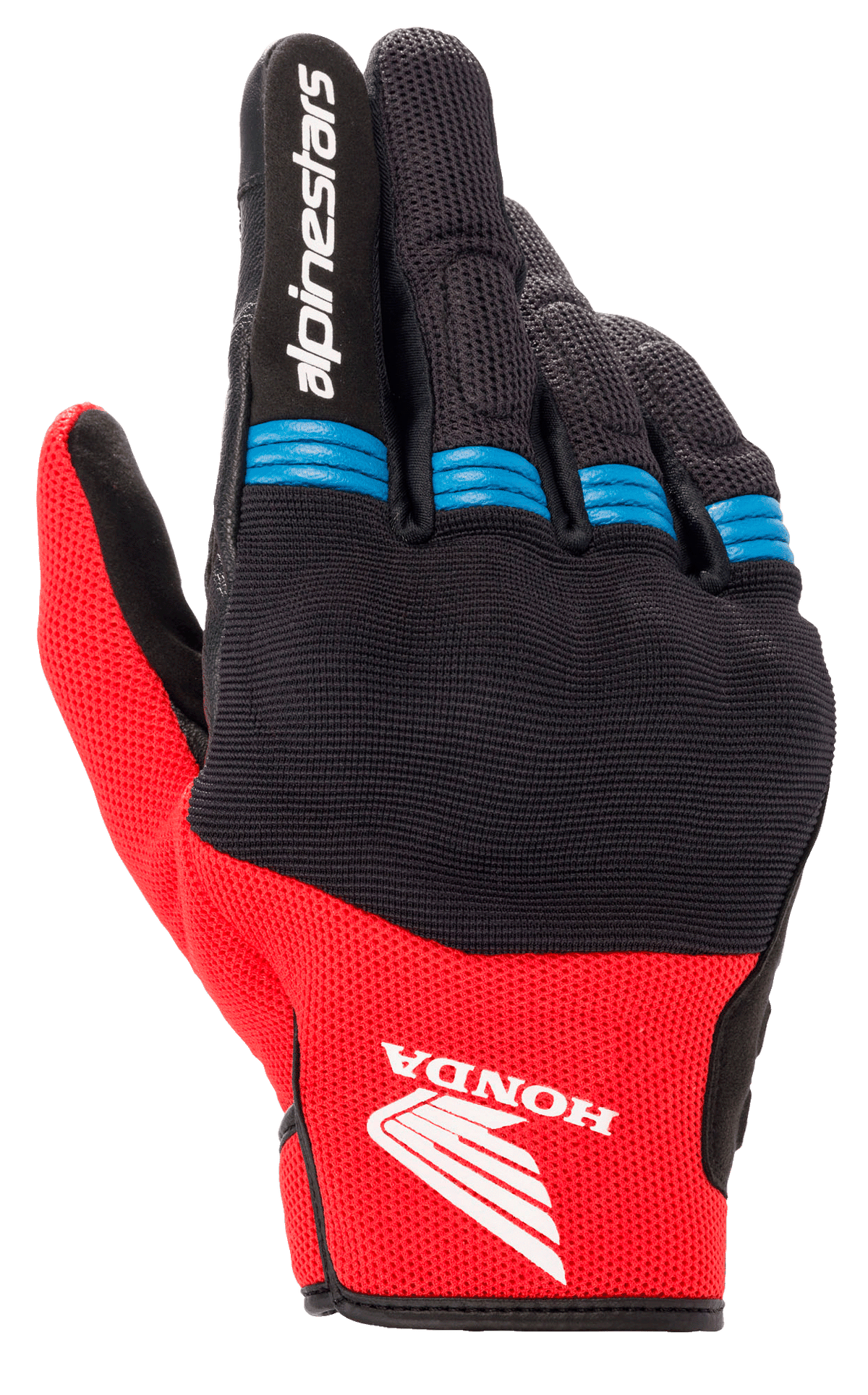 Alpinestars Honda Copper Glove, guanti da moto, nero e rosso acceso con accenti blu, logo Honda ad ala sul dorso, marchio Alpinestars sull'indice, costruzione in mesh con dettagli a fisarmonica sulle dita, stile urbano a polsino corto