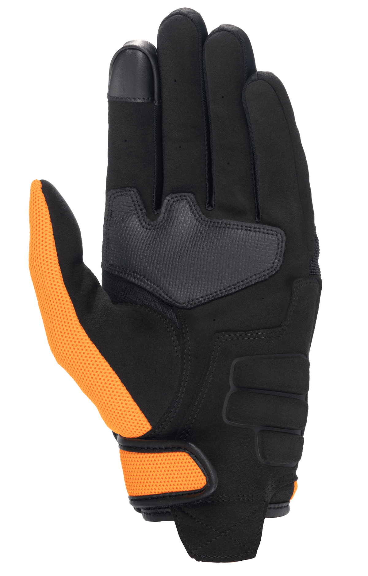 Guanti Honda Copper, guanto da moto, nero e arancione, vista del palmo con palmo in camoscio sintetico, pollice in mesh arancione, cinturino al polso e punta dell'indice compatibile con touchscreen.