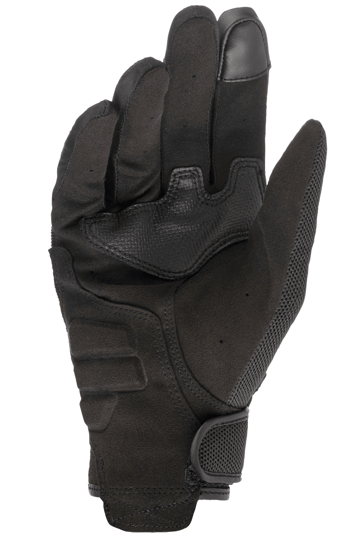 Guanti Alpinestars Copper, guanti da moto urban, nero, vista lato palmo in camoscio sintetico, punta del dito compatibile con touchscreen, imbottitura del palmo rinforzata e chiusura sicura del polso con gancio e asola