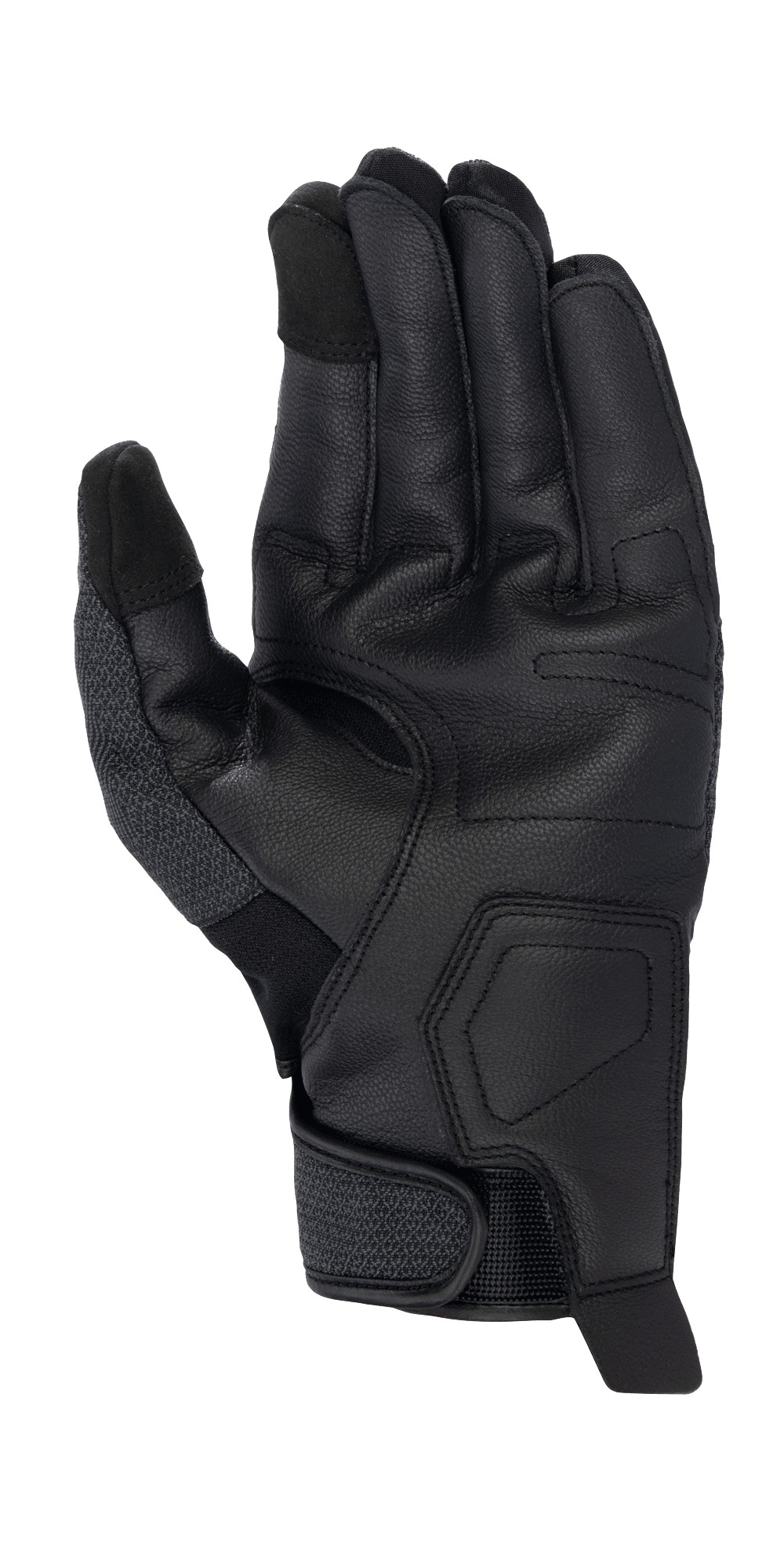 Guanti Alpinestars Morph Street, nero, vista del palmo di un guanto da moto a polsino corto con palmo in pelle testurizzata, polpastrelli compatibili con touchscreen e chiusura regolabile del polso, abbigliamento moto urban