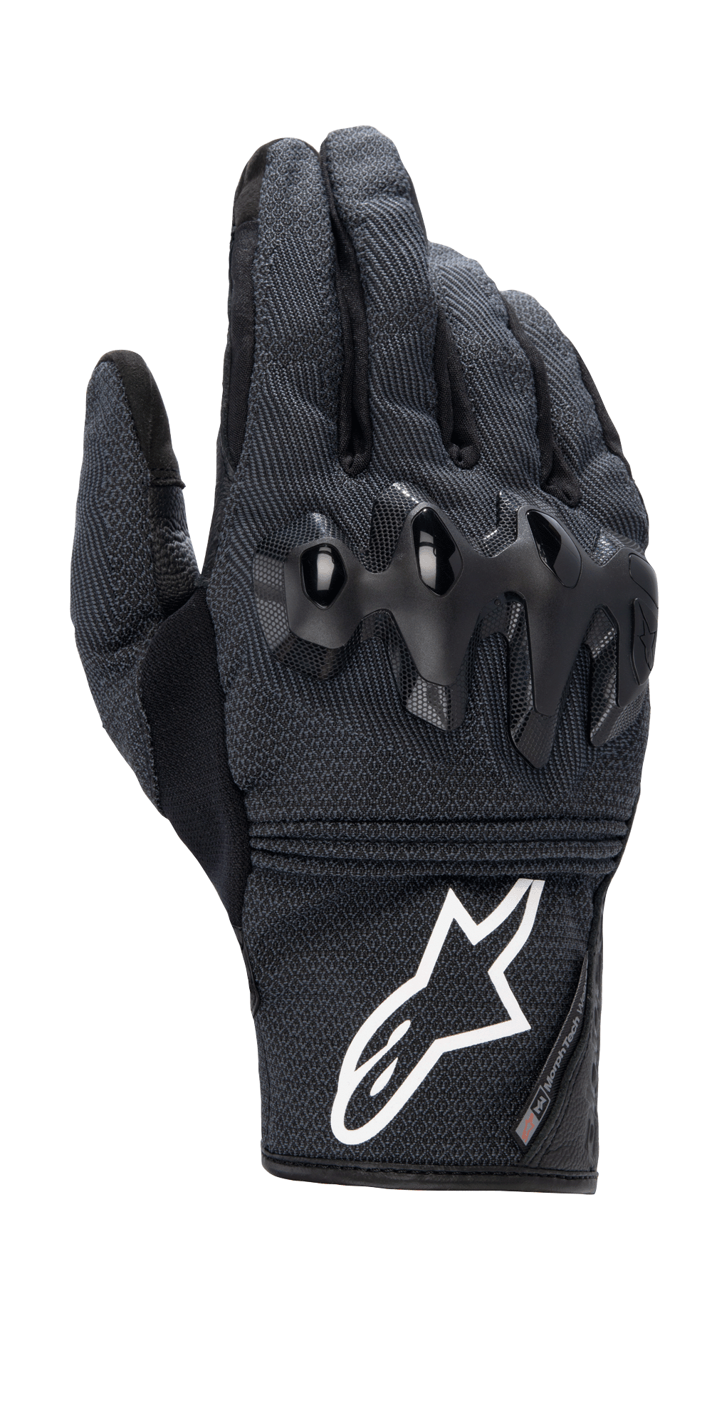 Guanti Alpinestars Morph Street, guanti da moto neri a polsino corto, tessuto con trama MorphTech Weave con protezione nocche nera lucida, vistoso logo bianco sul polsino, abbigliamento da moto urbano