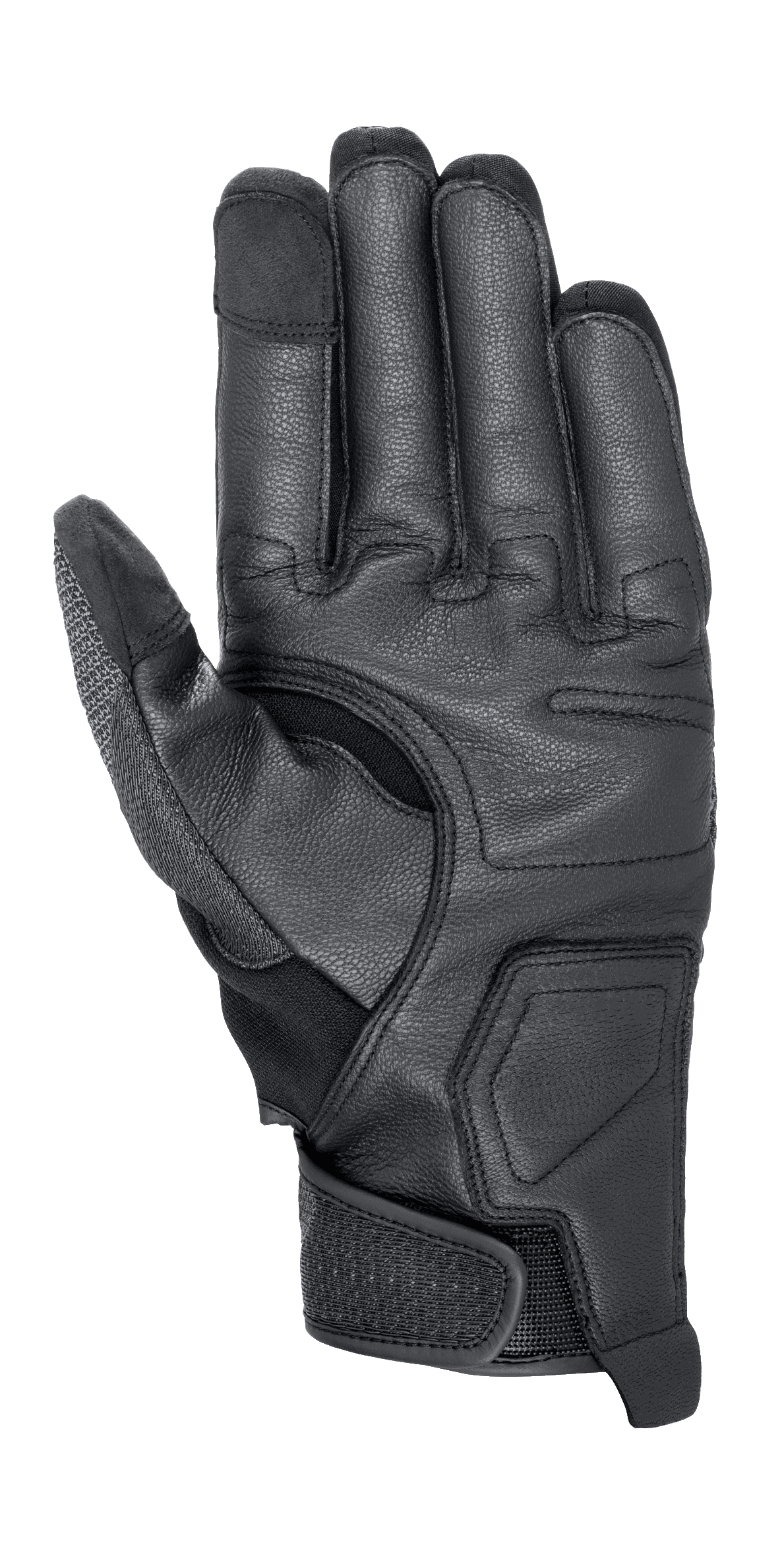 Alpinestars Morph Street Gloves, guanti da moto, nero, vista del palmo con pannelli protettivi rinforzati, punte delle dita compatibili con touchscreen e cinturino regolabile sul polso per una calzata sicura