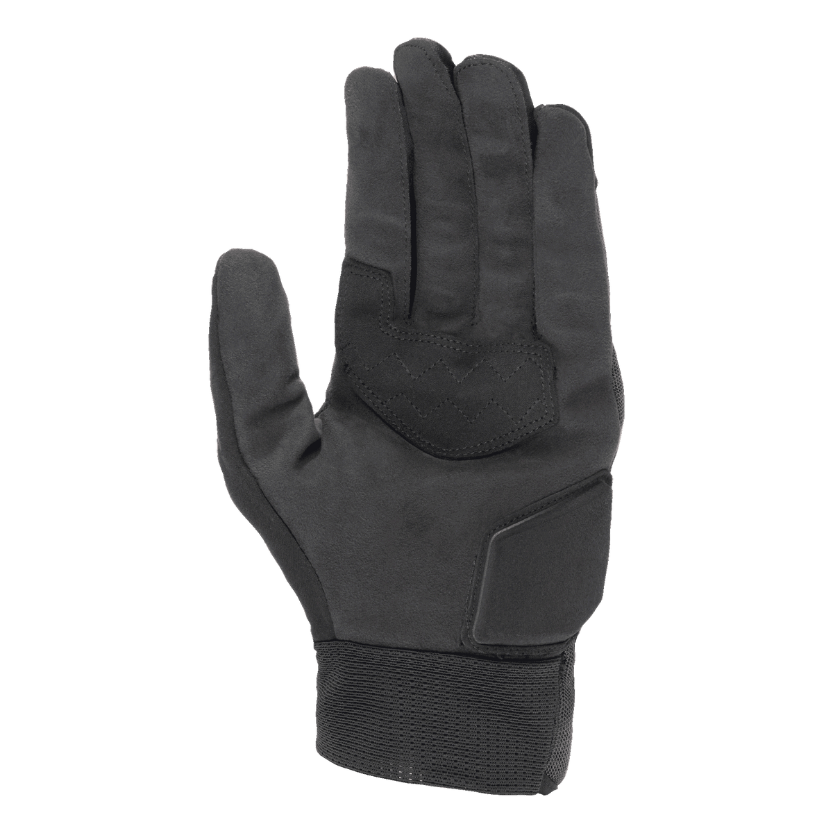 Guanti Alpinestars Stated Air, colore nero, vista del palmo con texture in morbido camoscio sintetico, palmo rinforzato con cuciture a zigzag per il grip, protezione imbottita e polsino elastico a coste