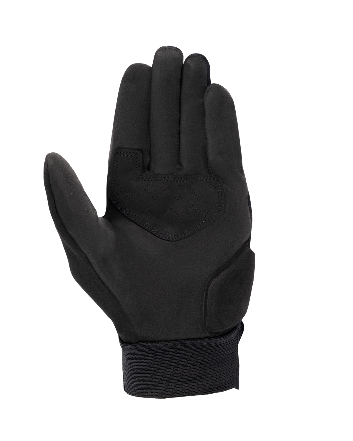 Alpinestars Stated Air Gloves, guanti da moto, nero, vista del palmo con costruzione in camoscio sintetico, rinforzo sul palmo con cuciture a zigzag e polsino elastico a costine, abbigliamento da guida urbana estiva