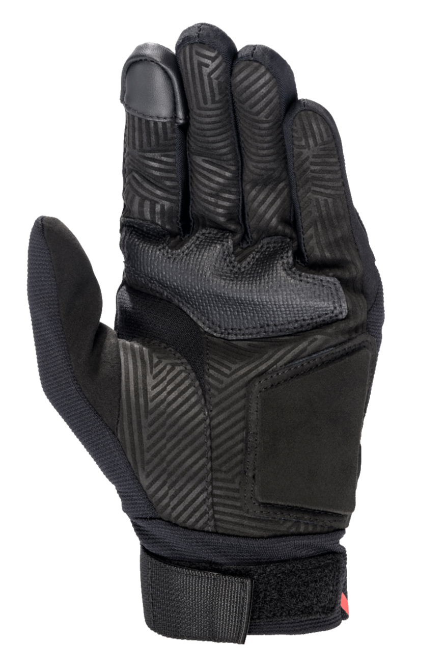 Guanto Alpinestars Aragon, vista del palmo, nero, guanto da moto con palmo in camoscio sintetico e motivo a labirinto stampato a caldo, zona di presa in gomma, indice compatibile con touchscreen e cinturino da polso in tessuto regolabile