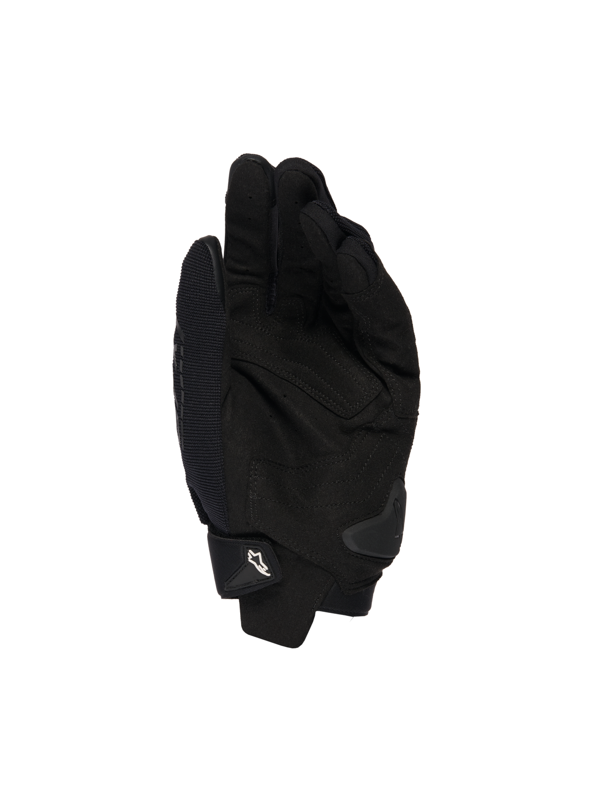 Guanti Alpinestars SP X 1, nero, vista del palmo con costruzione in pelle sintetica per la presa, slider del palmo in TPR per la protezione dagli impatti e polsino regolabile con logo Alpinestars bianco, equipaggiamento sportivo da moto