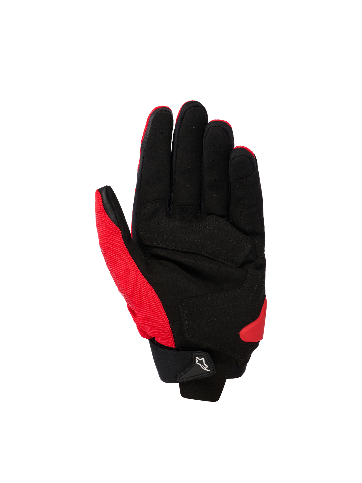 Alpinestars SP X 1 Gloves, guanti da moto sportivi, rosso acceso e nero, vista del palmo in pelle sintetica con zone rinforzate, tessuto elasticizzato rosso sul lato e sul pollice, polsino nero con linguetta e logo Astars bianco, slider del palmo in TPR rosso