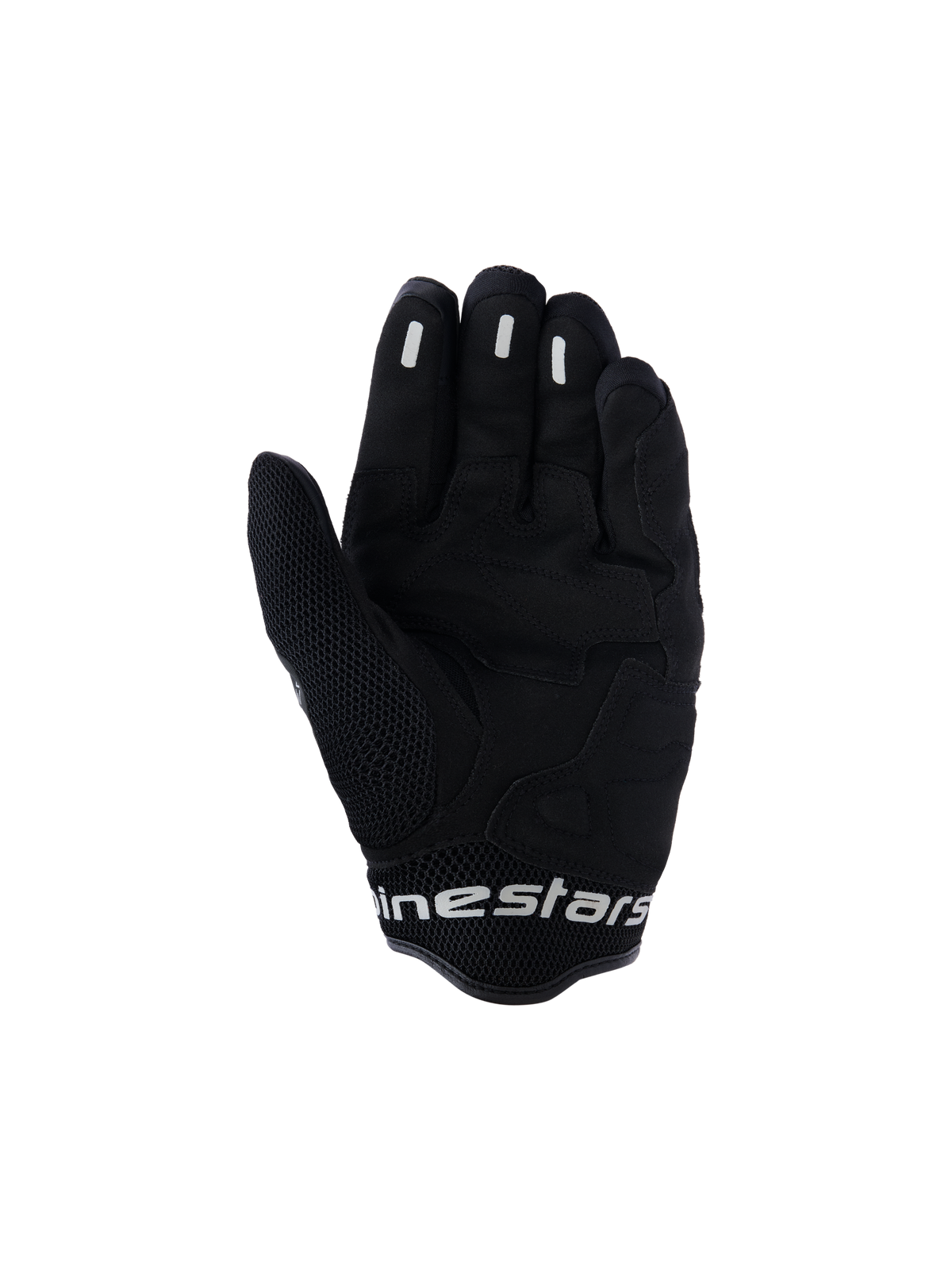 Guanti Alpinestars Mogress Airflow, guanti da moto urban, Anthracite Black, vista del palmo con rinforzi sintetici e zone in mesh 3D, inserti in silicone sulle dita per il grip, polsino corto con logo bianco