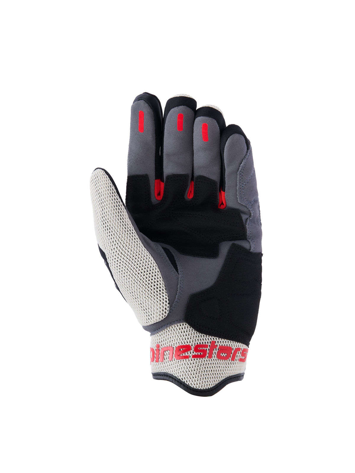 Guanti Alpinestars Mogress Airflow, guanti da moto urban, nero, rosso fiamma e ecru, vista del palmo con rinforzi in scamosciato sintetico, inserti grip in silicone rosso sulle dita e pannelli in mesh traspirante su pollice e polsino.