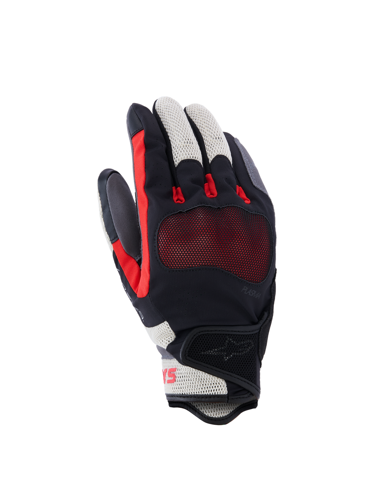 Guanti Alpinestars Mogress Airflow, guanti da moto, nero, rosso e bianco ecru, caratterizzati da dorso traforato al laser con inserti in mesh 3D, protezione nocche trasparente, design a polsino corto, abbigliamento urbano estivo
