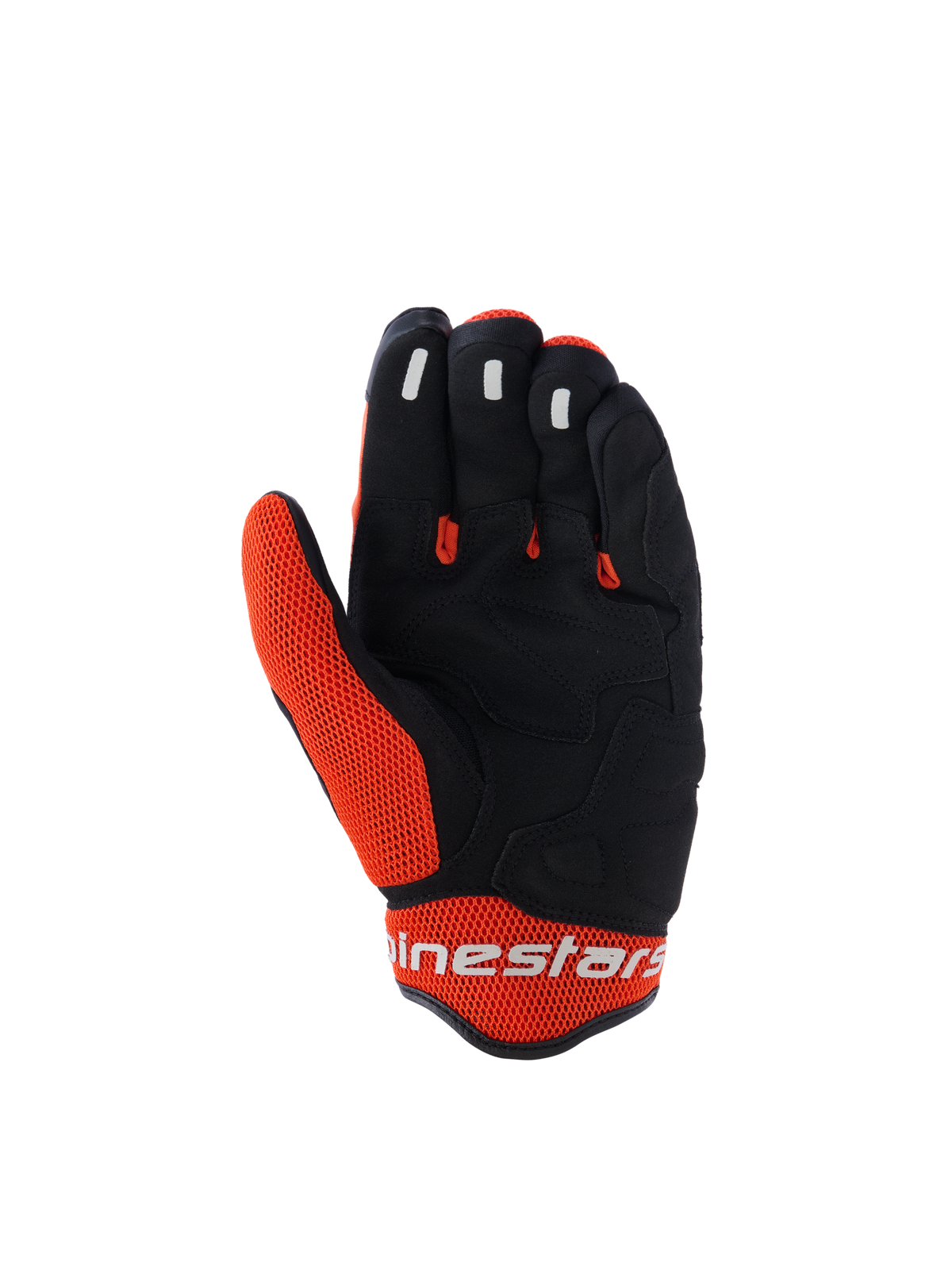 Guanti Alpinestars Mogress Airflow, guanti da moto, nero e arancione, vista del palmo con costruzione sintetica nera e inserti in mesh arancione, grip in silicone sulla punta delle dita, logo Alpinestars bianco sul polsino, design per la guida urbana estiva