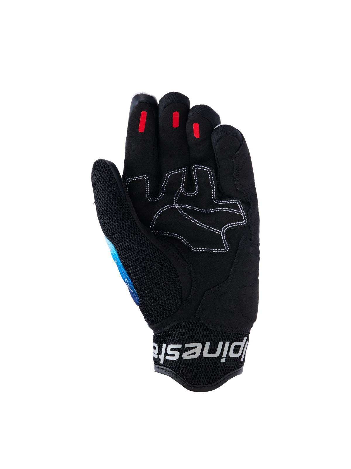 Guanti Alpinestars Mogress Airflow, guanti da moto urban, Fading Blue Black, vista del palmo in pelle sintetica rinforzata con cuciture bianche a contrasto, inserti grip in silicone rosso sulle punte delle dita e polsino in mesh 3D nero con logo bianco.