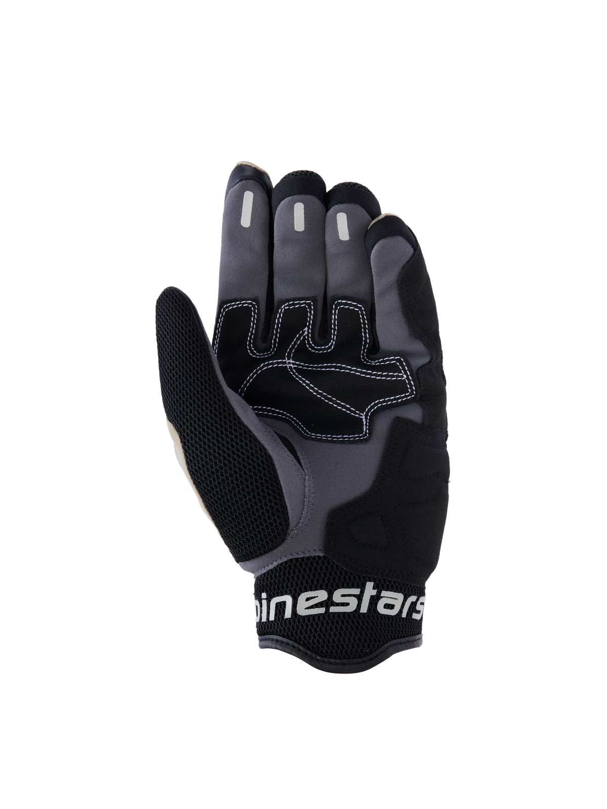 Guanti Alpinestars Mogress Airflow, guanti da moto urban, Aluminum Black e grigio, vista del palmo con rinforzi sintetici e cuciture a contrasto bianche, zone di grip in silicone sulle dita e polsino in mesh 3D traspirante con marchio Alpinestars bianco.