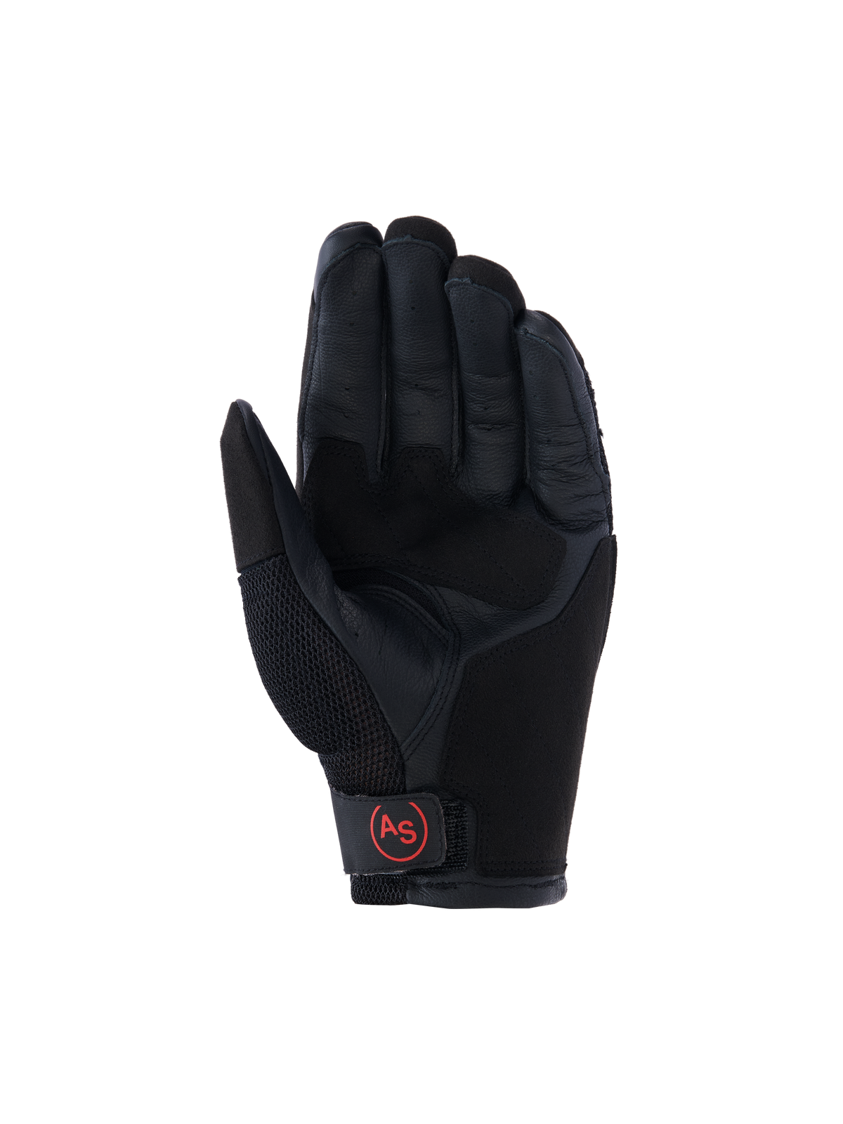 Alpinestars Manti Air Gloves, guanti da moto adventure, nero, vista del palmo con palmo in pelle rinforzata, mesh traspirante sul pollice e logo 'AS' circolare rosso sulla chiusura del polso.
