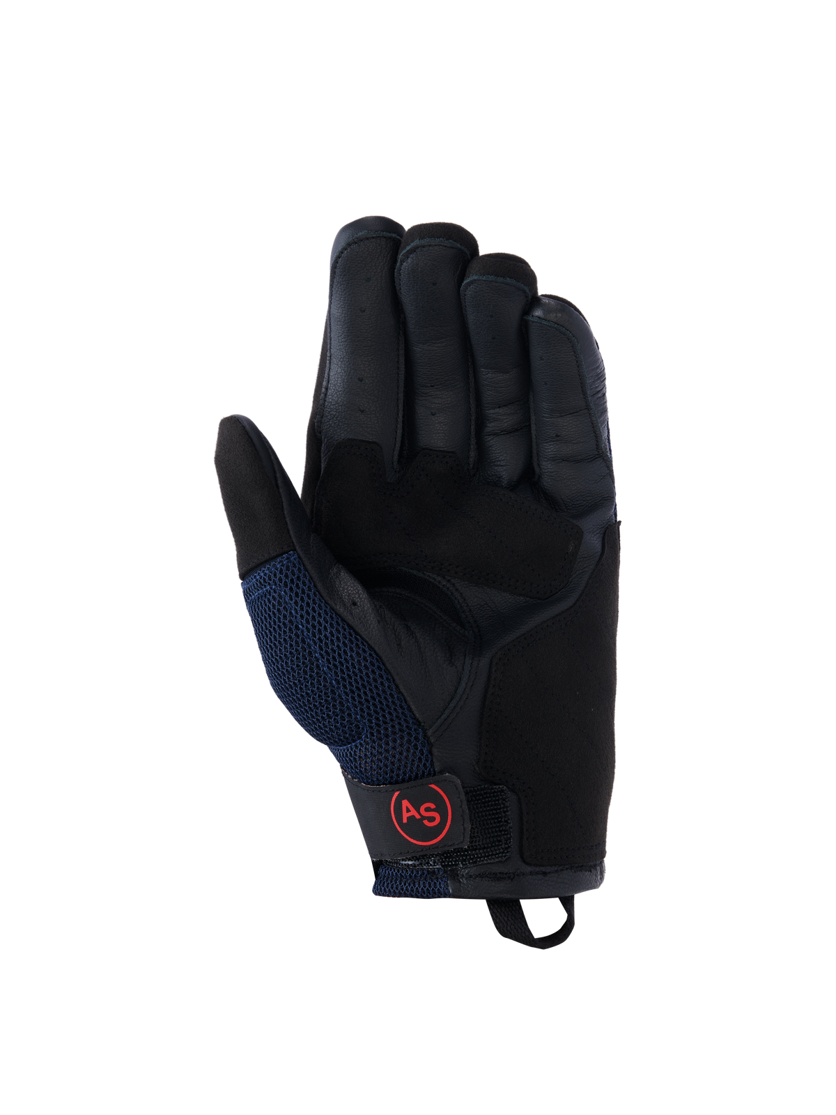 Guanti Alpinestars Manti Air, guanti da moto, blu scuro e nero, vista del palmo in pelle con dita traforate, pannelli laterali in mesh e logo AS circolare rosso sul cinturino del polso, equipaggiamento da guida adventure