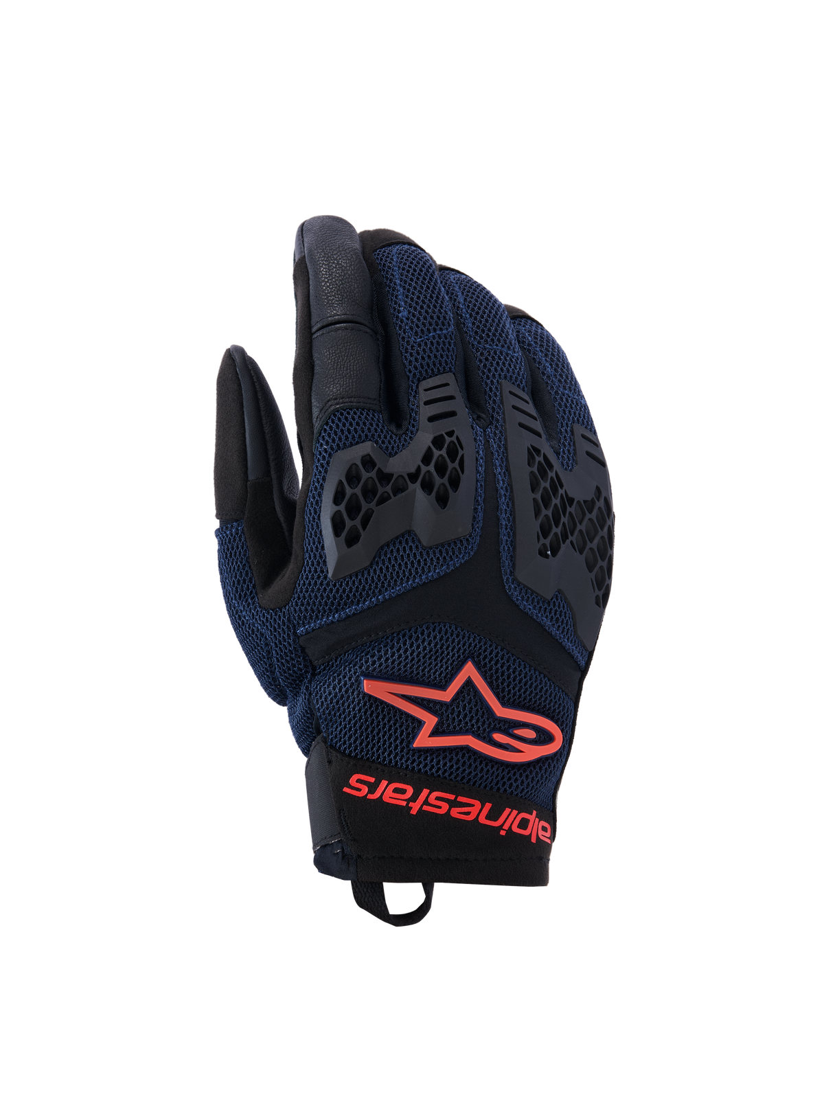 Alpinestars Manti Air Gloves, guanti da moto, blu profondo e nero con accenti rosso fluo, con costruzione in mesh traspirante e protezione delle nocche in TPU a nido d'ape, logo a stella e marchio Alpinestars sul polso, progettati per la guida adventure estiva