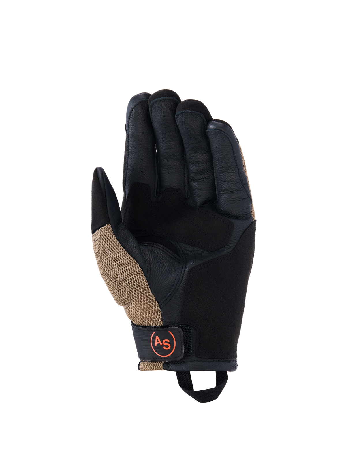 Guanti Alpinestars Manti Air, guanti da moto, Dark Khaki e nero con dettagli arancione fluo, vista del palmo con costruzione in pelle scamosciata sintetica, cuciture esterne, inserti in mesh traspirante e cinturino da polso nero con logo AS circolare arancione.