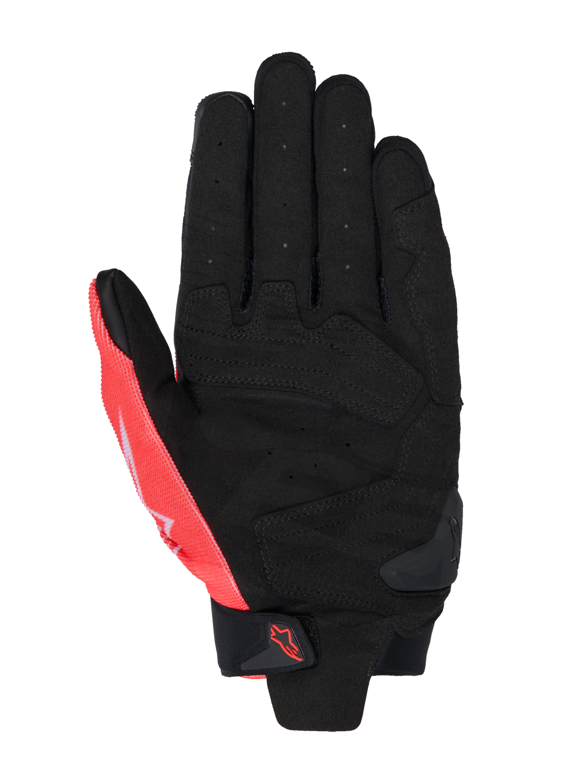 Guanti Alpinestars MM93 SP X 1, vista del palmo, nero e rosso fluo, costruzione in pelle sintetica con palmo traforato, sezioni rinforzate, slider in TPR sul palmo e cinturino in velcro sul polso con logo Alpinestars.