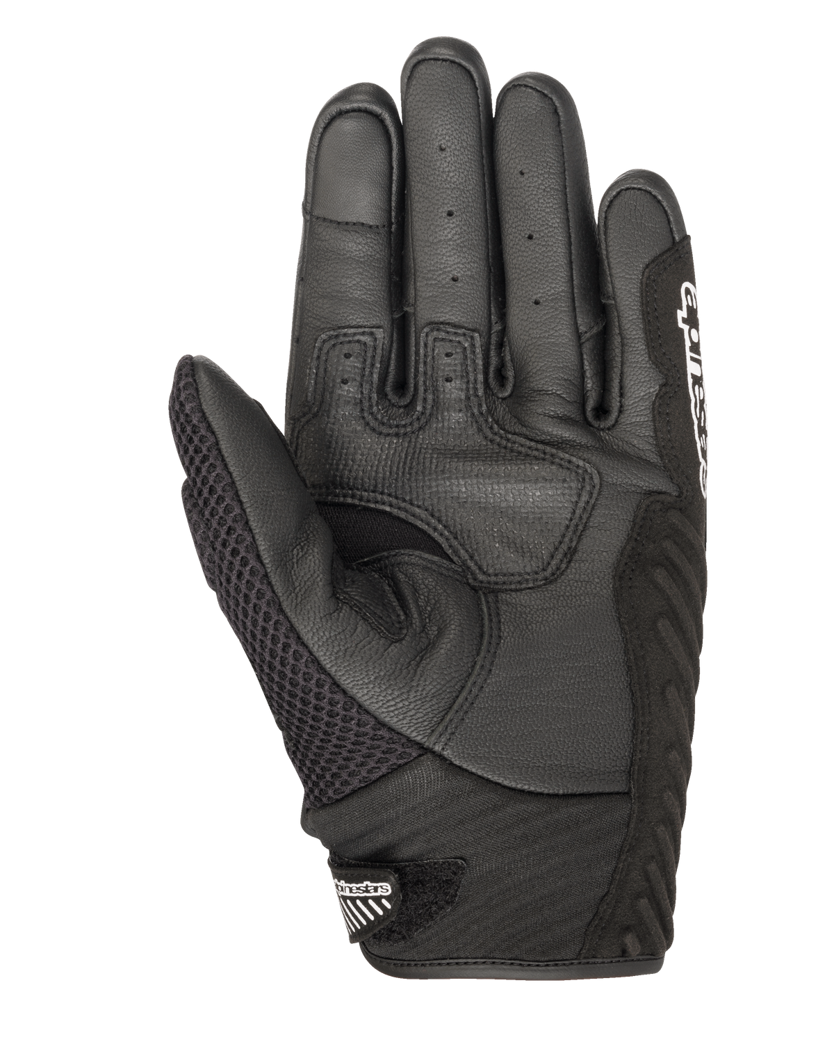 Guanti Alpinestars SMX-1 Air V2, guanti da moto, nero, vista del palmo che mostra la pelle traforata e la struttura in air-mesh, zone di presa rinforzate, polsino corto con logo Alpinestars sulla chiusura