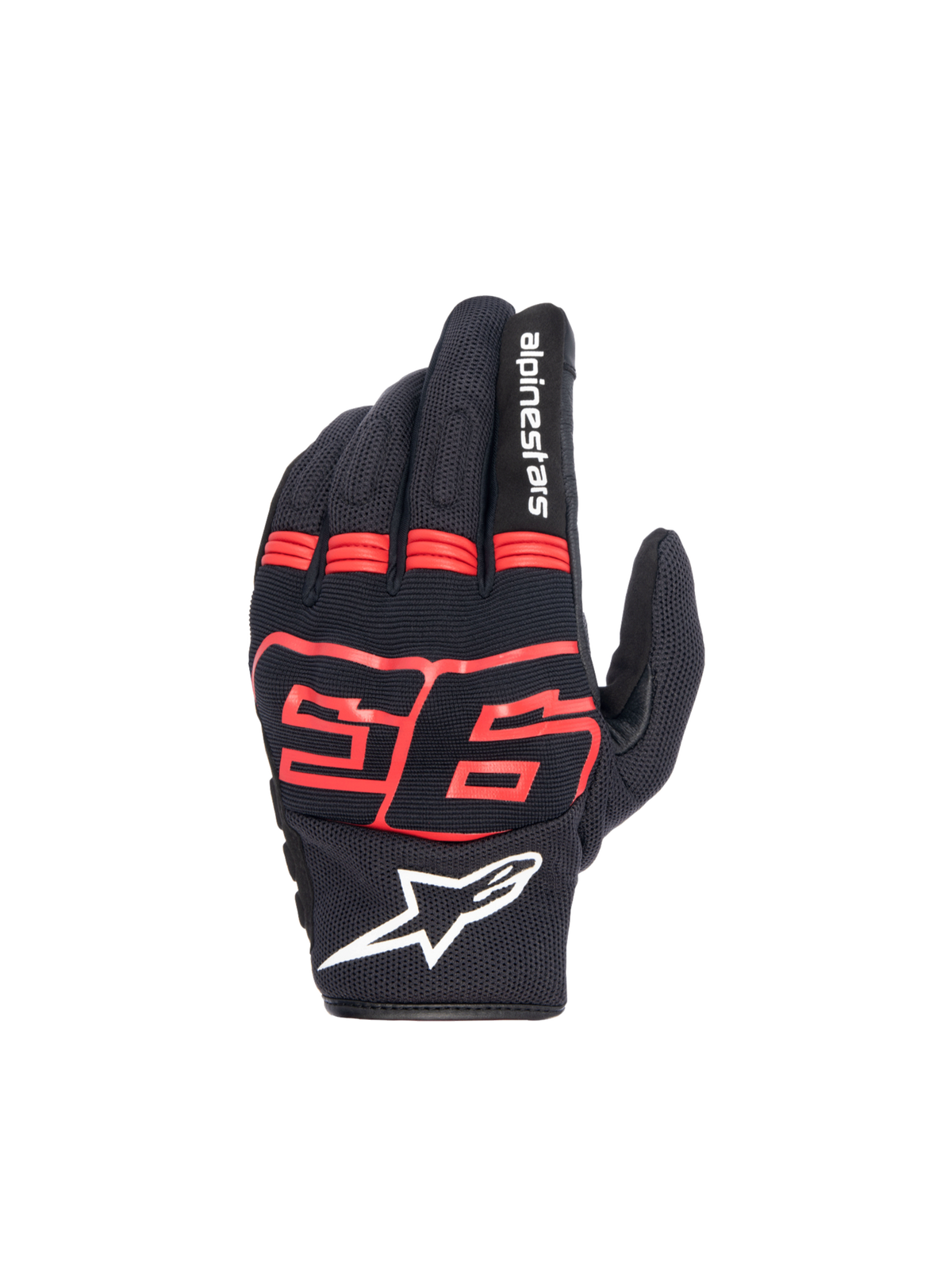 Alpinestars Guanti MM93 Losail V2, guanti da moto urban da uomo, nero e rosso fluo, in tessuto con protezione nocche rigida e logo Marc Marquez 93.