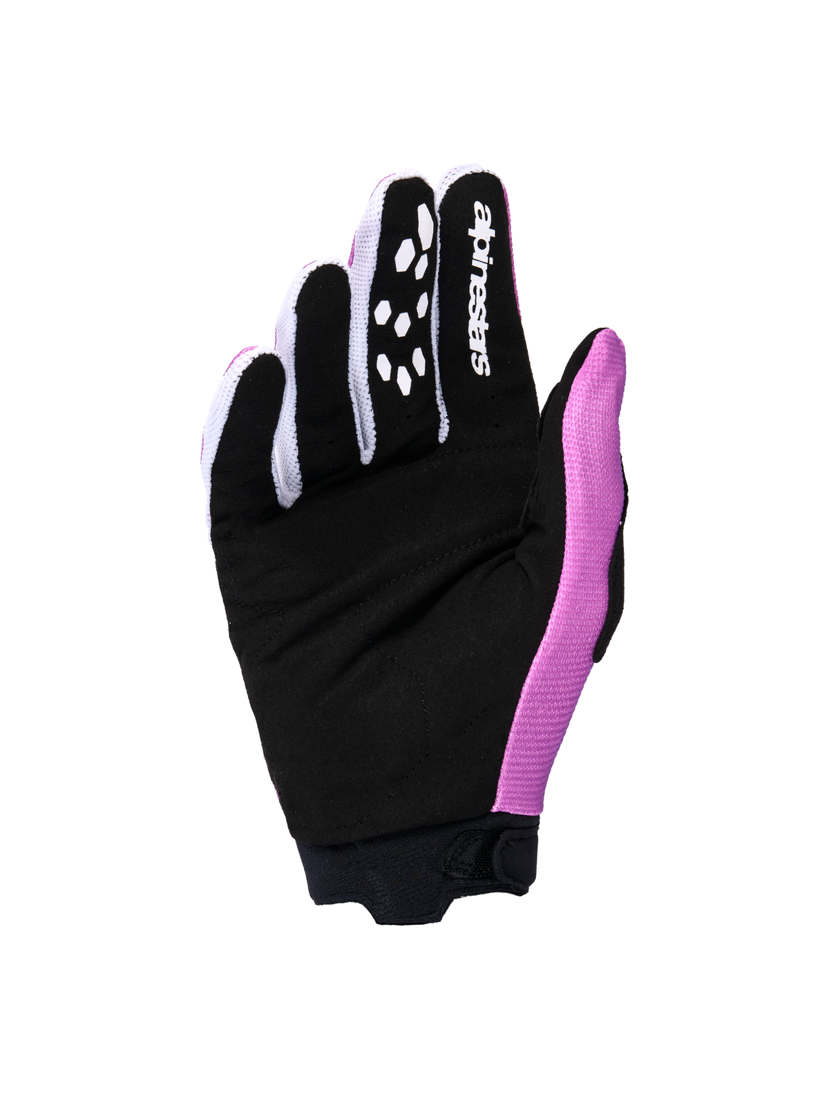 Guanti Alpinestars Stella Full Bore V2 Donna 2026, vista del palmo nella colorazione viola, bianco e nero, con palmo rinforzato in pelle scamosciata sintetica nera, logo Alpinestars bianco sull'indice e motivi grip in silicone, progettati per il motocross.
