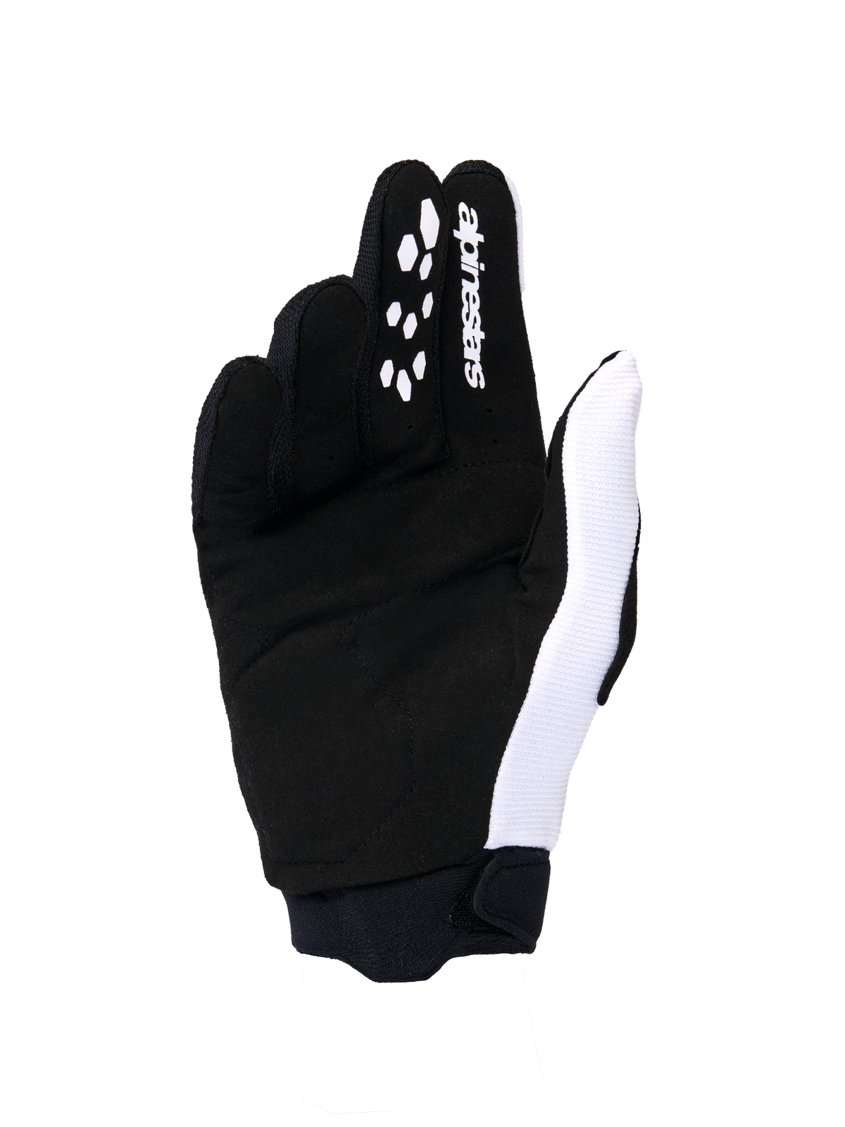 Guanti da donna Alpinestars Stella Full Bore V2 2026, guanti da motocross, vista del palmo in bianco e nero, caratterizzati da costruzione in scamosciato sintetico, inserti in silicone sulle dita per il controllo delle leve, logo bianco e polsino in neoprene.