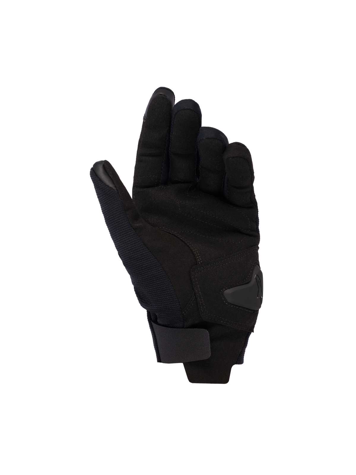 Guanti Alpinestars Reef Donna V2, nero, vista del palmo con materiale in pelle scamosciata sintetica, rinforzo imbottito e chiusura a strappo sul polso, guanti da moto urban a polsino corto