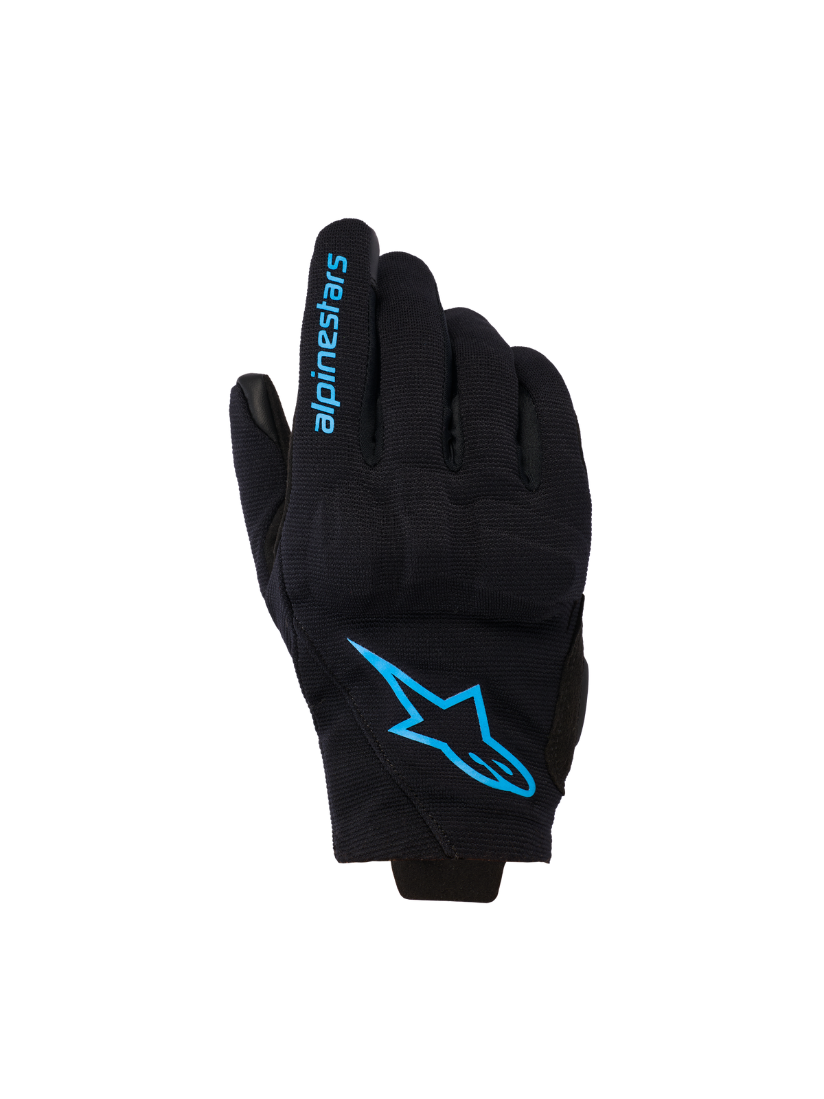 Guanti Alpinestars Reef Women's V2, guanti da moto a polsino corto, neri con dettagli blu Hawaiian Ocean, logo Alpinestars sul dorso e scritta sulle dita, stile urban riding