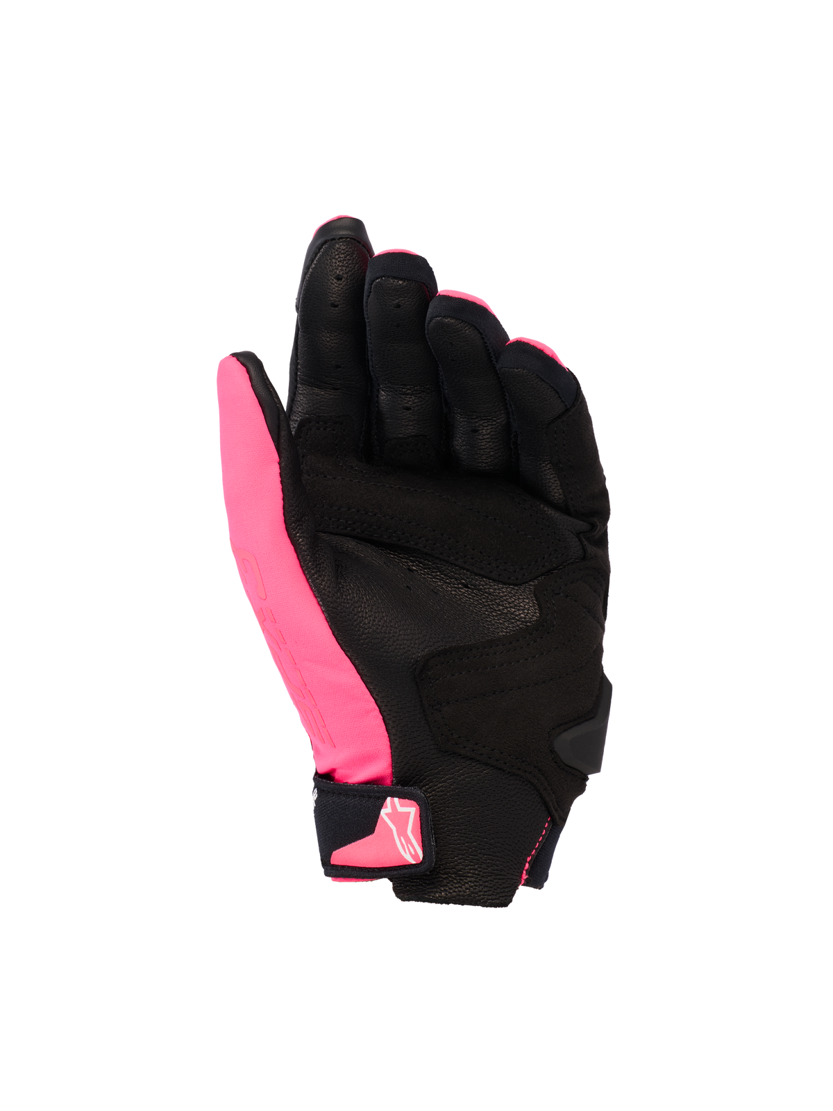 Guanti Alpinestars Stella SP X 3, guanti da moto da donna, Diva Pink nero e bianco, vista del palmo con pelle traforata e rinforzi sintetici, palmo nero con pollice rosa, chiusura del polso in velcro con logo rosa, design sportivo ergonomico