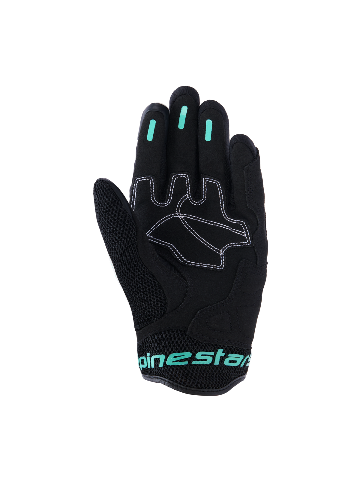 Guanti Alpinestars Stella Mogress Airflow, guanti da moto urban da donna, neri con accenti Tropical Teal, vista del palmo con rinforzi sintetici e cuciture bianche, zona del pollice in mesh e inserti grip in silicone sulle dita.