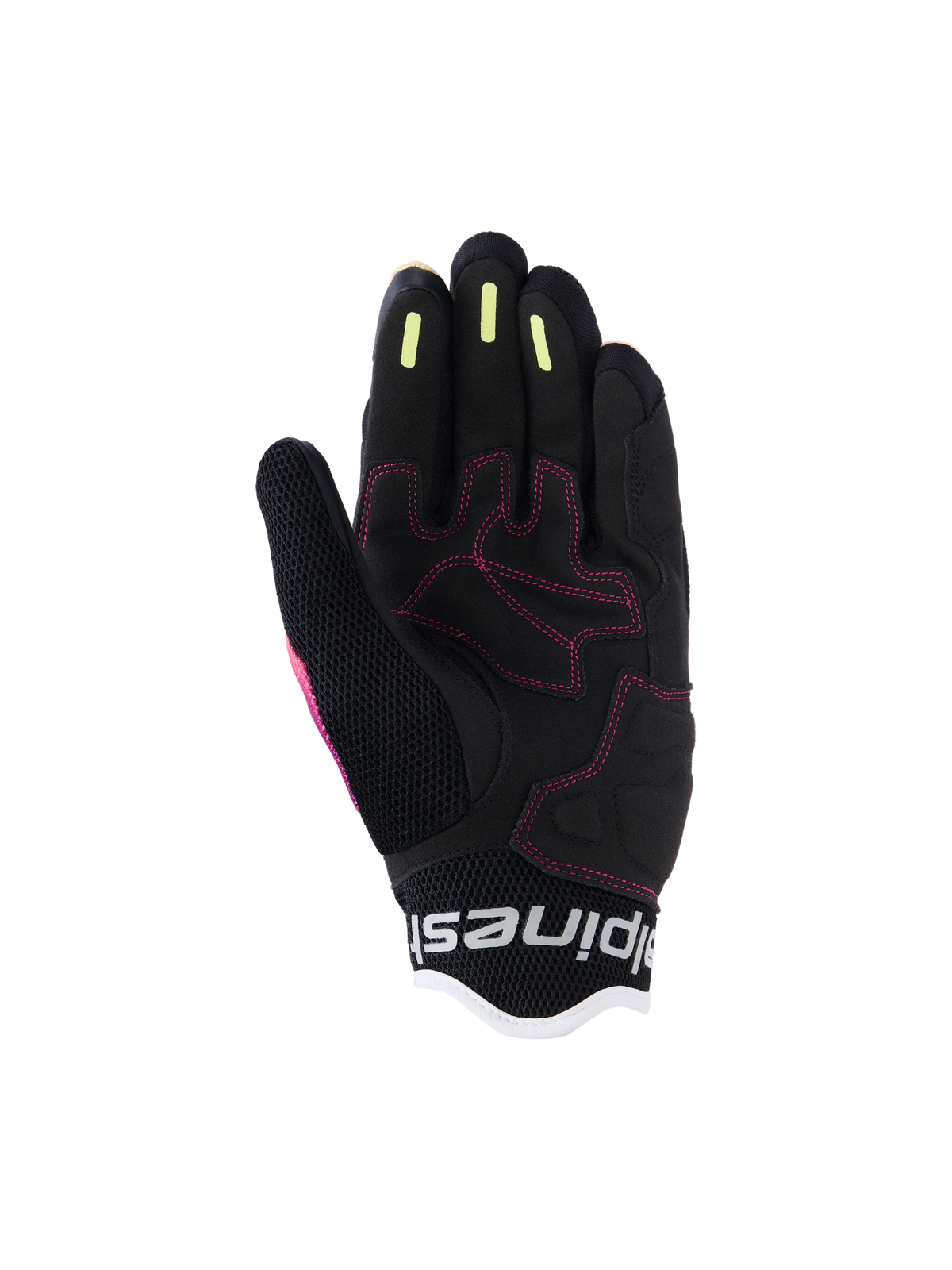 Alpinestars Guanti Stella Mogress Airflow da donna, guanti da moto urban, nero corallo sfumato, vista dettagliata del palmo con cuciture rosa, strisce in silicone giallo sulle dita e costruzione in mesh traspirante.