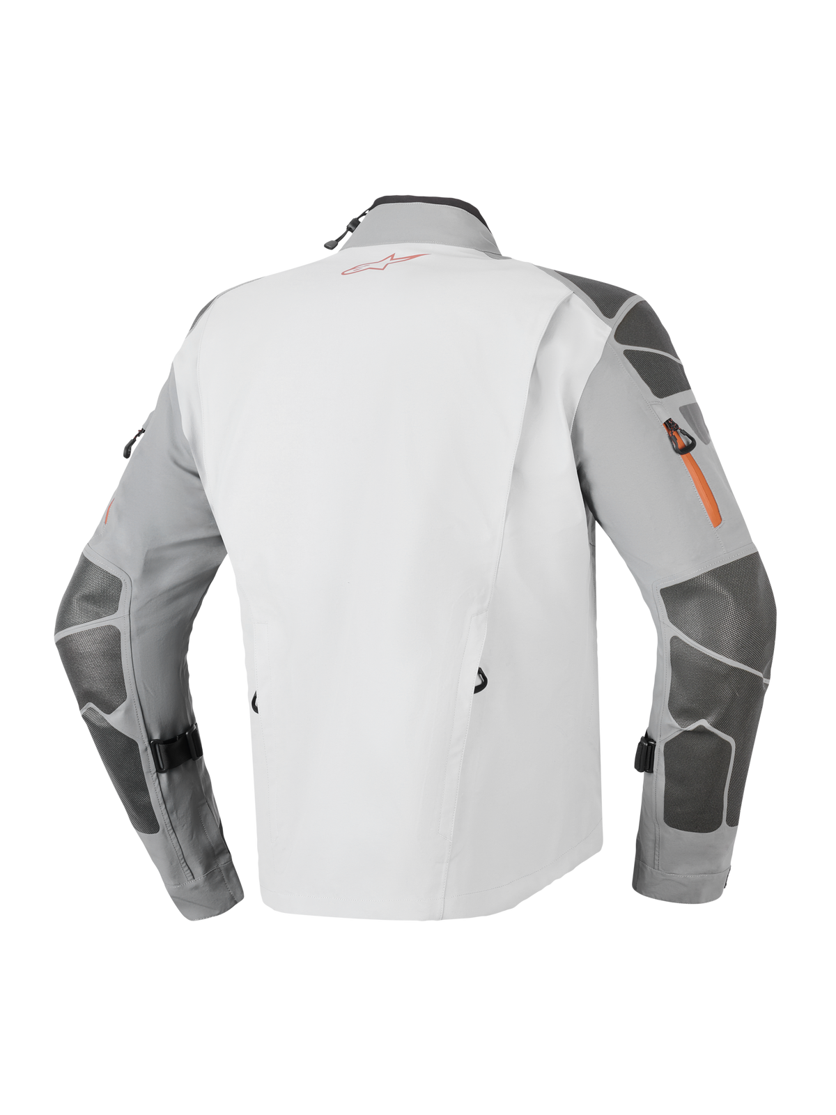 Giacca Alpinestars Nazca 3L GORE-TEX PRO, giacca da moto adventure, grigio scuro e grigio medio, vista posteriore con rinforzi in Superfabric® su maniche e spalle, dettagli delle cerniere arancioni e costruzione tecnica laminata a 3 strati.