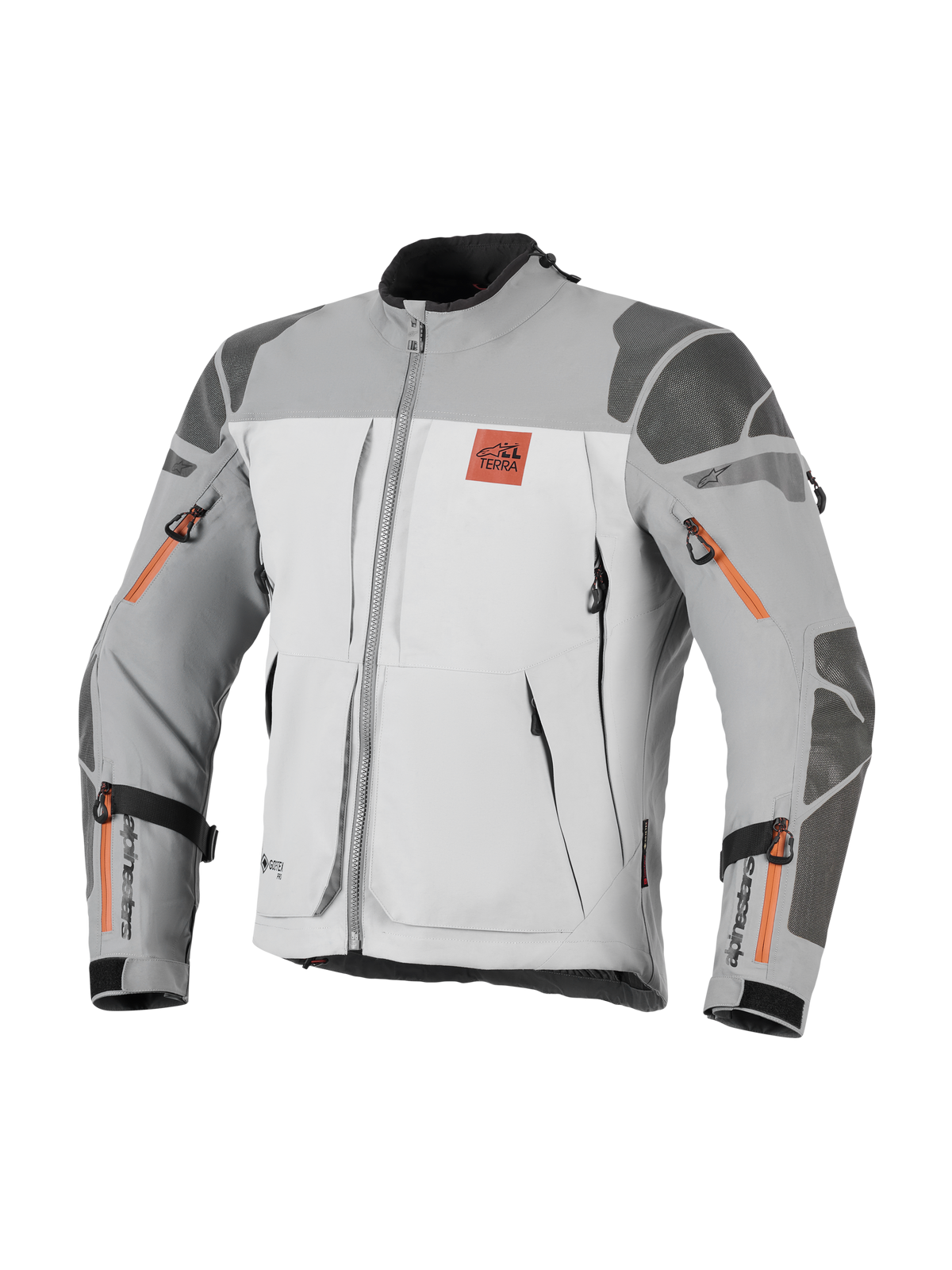 Giacca Alpinestars Nazca 3L GORE-TEX PRO, giacca da moto adventure, grigio scuro e grigio medio con dettagli delle cerniere arancioni, logo All Terra sul petto, rinforzi in Superfabric su spalle e gomiti, molteplici aperture di ventilazione con cerniera, design touring robusto
