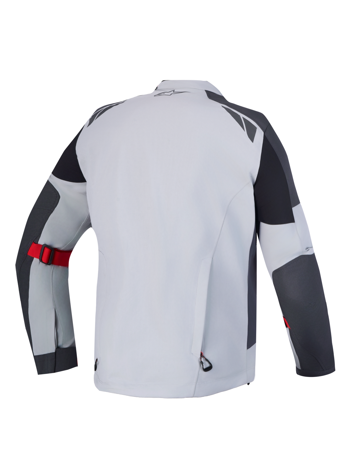 Alpinestars Arenis Gore-Tex Giacca, giacca da moto adventure touring, vista posteriore in grigio medio, grigio scuro e nero con cinturino di regolazione rosso sull'avambraccio e struttura impermeabile
