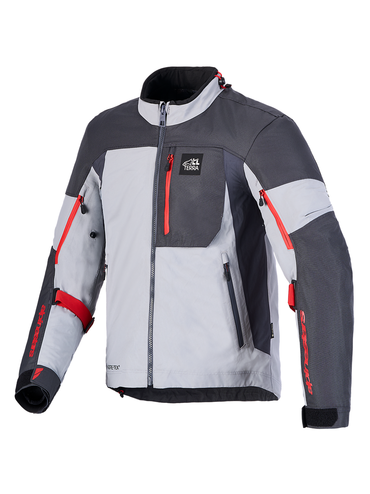Alpinestars Arenis Gore-Tex Giacca, giacca da moto adventure in grigio chiaro, grigio scuro e nero con dettagli rossi, costruzione GORE-TEX certificata CE