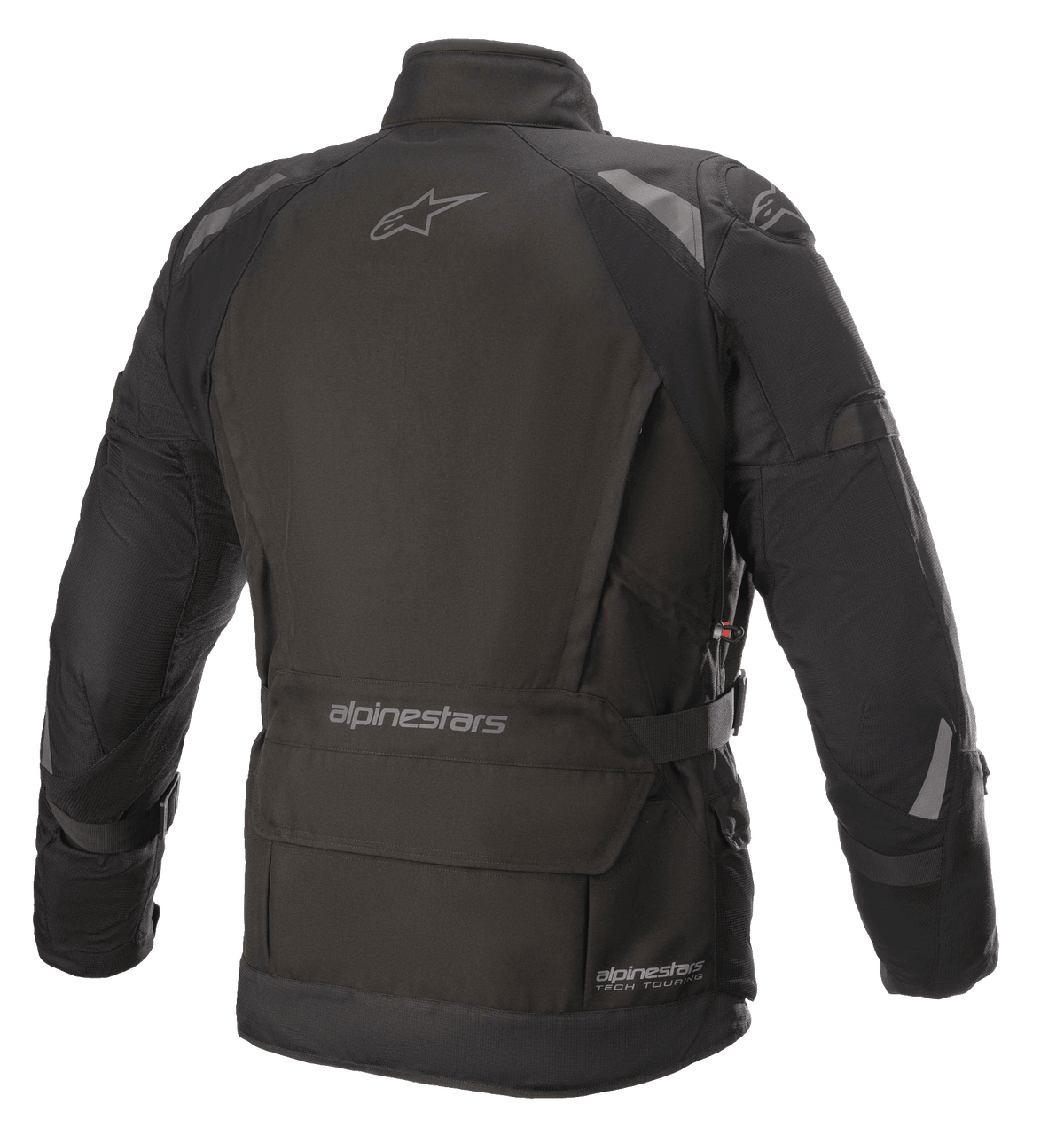 Giacca Alpinestars Ketchum GORE-TEX, giacca da moto, nero, vista posteriore con taglio touring allungato, dettagli riflettenti sulle spalle e sulle braccia, con marchio Alpinestars sulla parte superiore della schiena e sulla zona inferiore della vita.