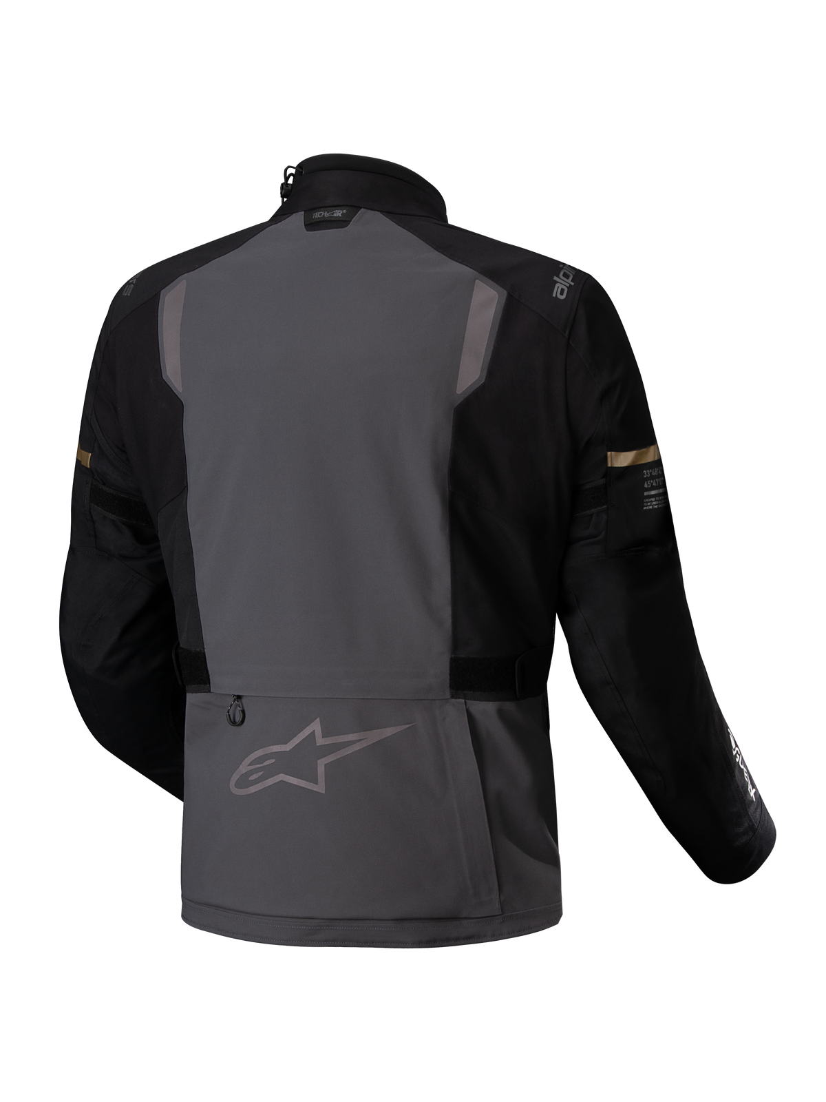 Alpinestars Giacca ST-7 2L GORE-TEX, giacca da moto touring adventure, vista posteriore in grigio scuro e nero con dettagli riflettenti e certificazione CE