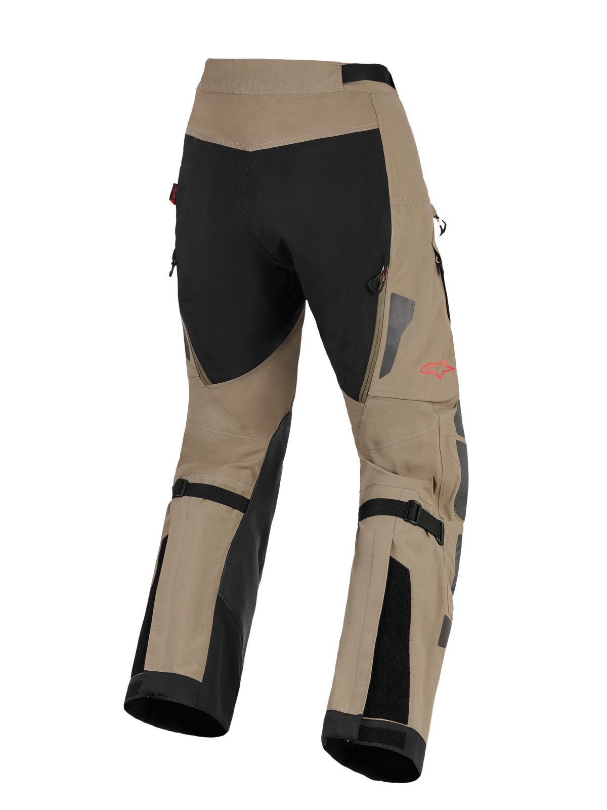 Pantaloni Alpinestars Nazca 3L GORE-TEX PRO, pantaloni da moto Adventure, color noce e nero, vista posteriore con inserto nero sulla seduta e gambe color noce, logo a stella rosso laterale, regolazioni polpaccio nere e dettagli riflettenti argento