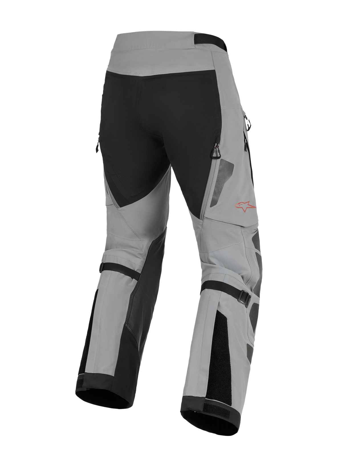 Pantaloni Alpinestars Nazca 3L GORE-TEX PRO, pantaloni da moto adventure, grigio scuro e nero, vista posteriore che mostra i regolatori di volume del polpaccio e le prese d'aria di scarico con zip, robusta costruzione in tessuto con logo Alpinestars rosso sulla gamba