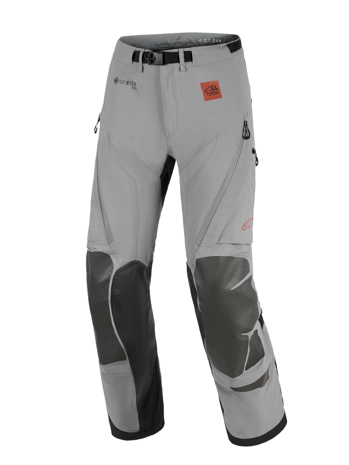 Pantaloni Alpinestars Nazca 3L GORE-TEX PRO, pantaloni da moto adventure, grigio scuro e nero, con pannelli rinforzati sulle ginocchia, branding GORE-TEX PRO e logo All Terra, design tecnico per off-road e touring