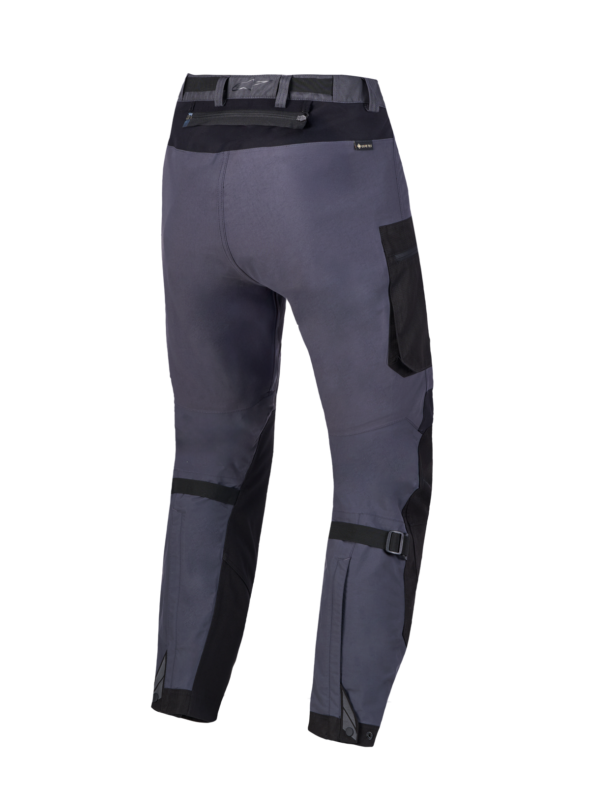 Alpinestars Arenis Gore-Tex Pantaloni, pantaloni moto touring, nero e grigio scuro, vista posteriore con struttura impermeabile e regolatori di volume sul polpaccio